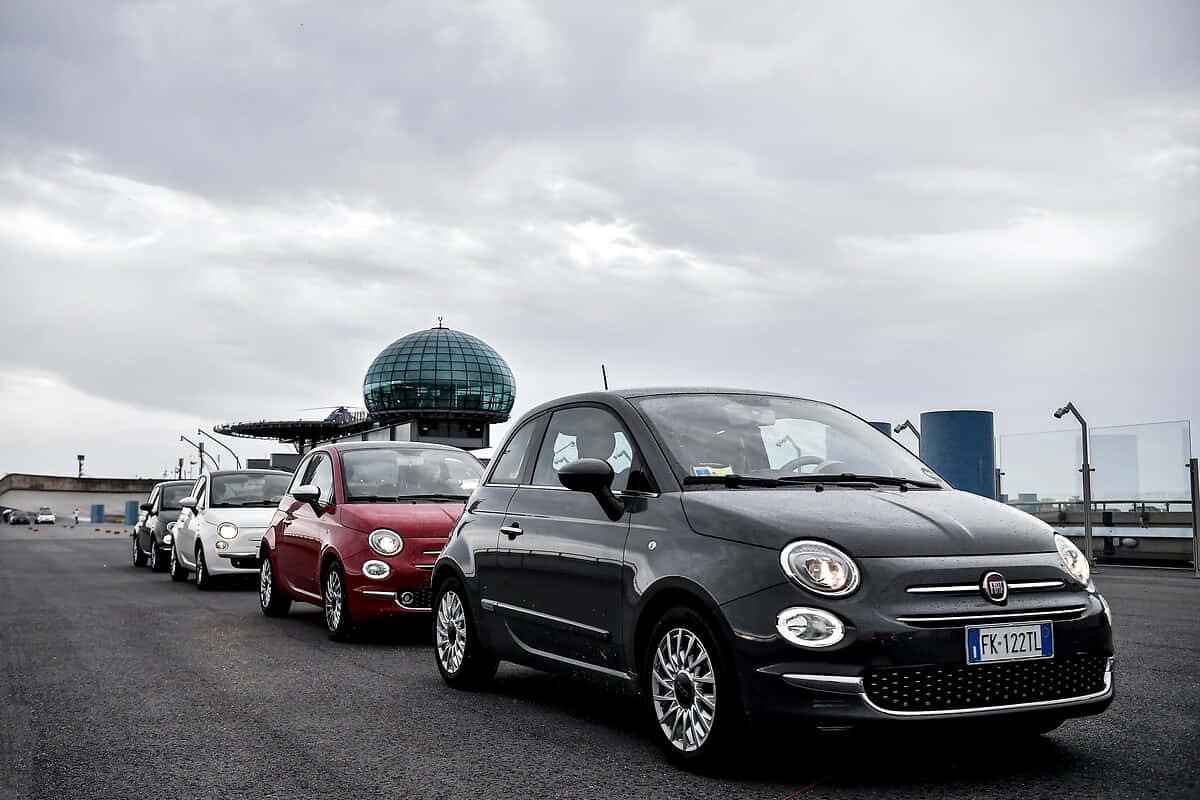 Fiat 500 桌布 壁紙 — 一排色彩繽紛的Fiat 500汽車停泊在陰天的屋頂上，背景有一座玻璃圓頂建築。