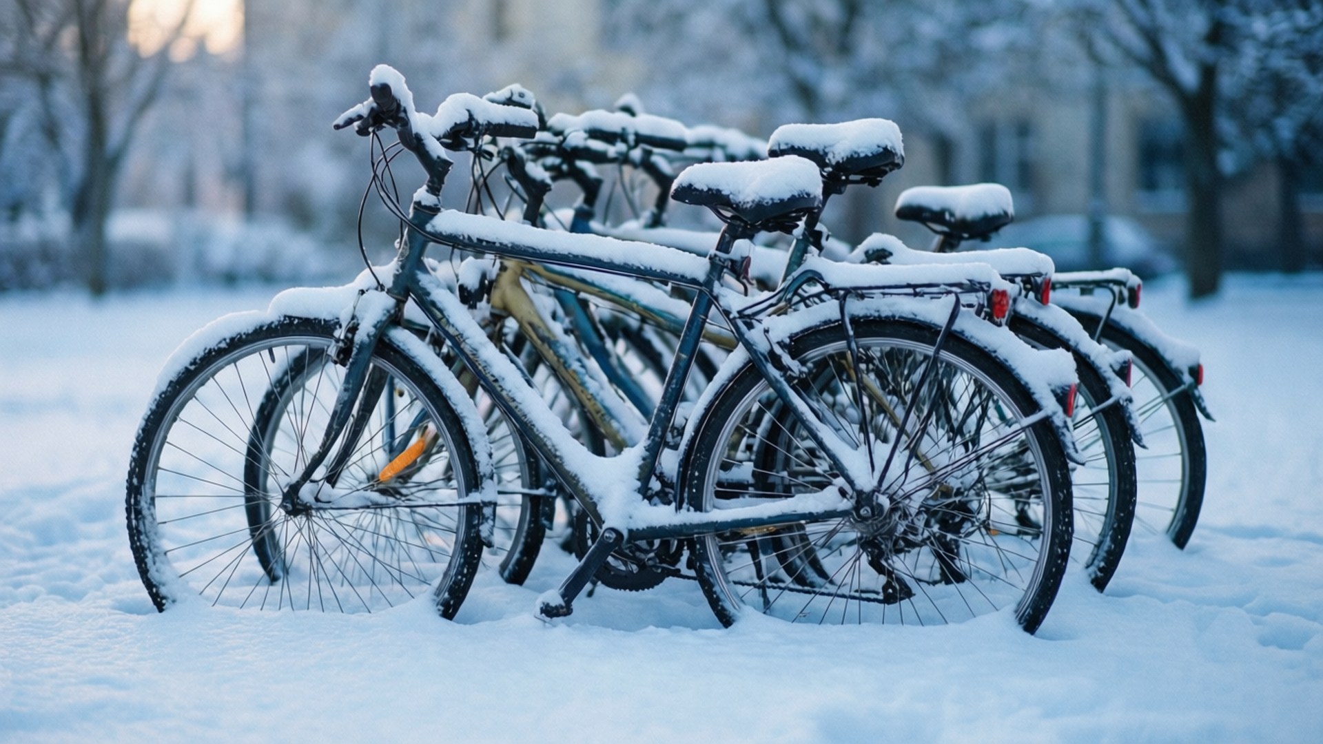 冬季公園暮色中停放的被雪覆蓋的單車。