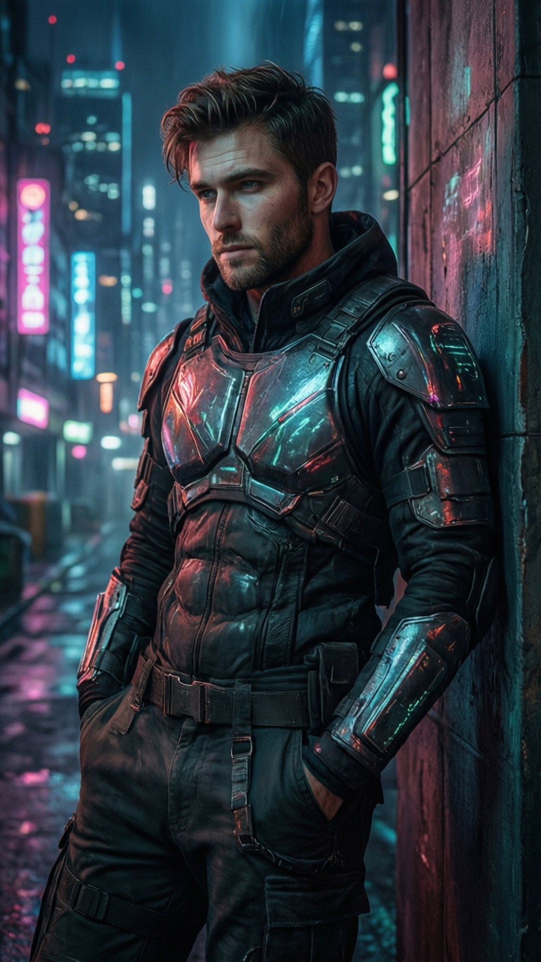 Uldren Sov 桌布 壁紙 — 一個粗獷的賽博龐克戰士靠在一個被霓虹燈浸透的小巷牆上，身處一個被雨水浸透的未來城市景觀中。