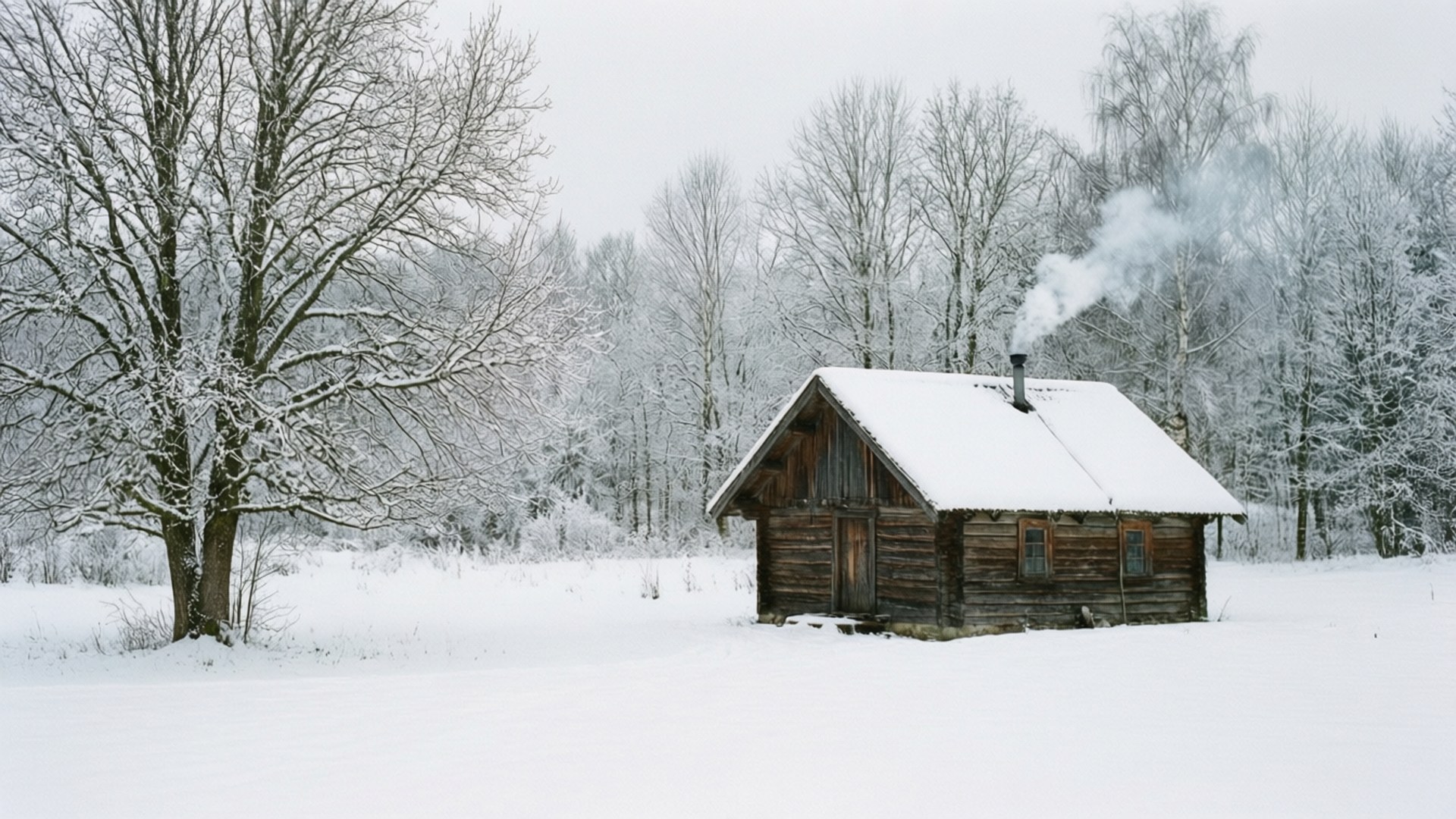 冬季森林中被雪覆蓋的小屋，煙囪冒煙