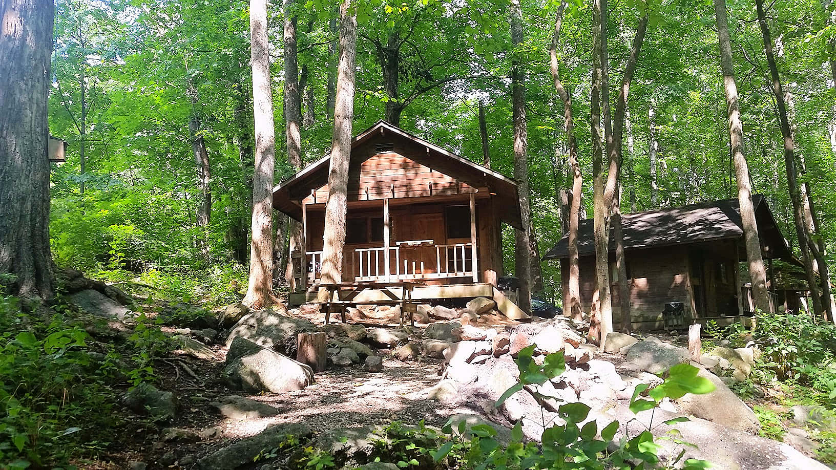 Fall Cabin 桌布 壁紙 — 一間帶門廊的質樸木屋坐落在陽光明媚的森林中，周圍是高聳的綠樹和散落的岩石。
