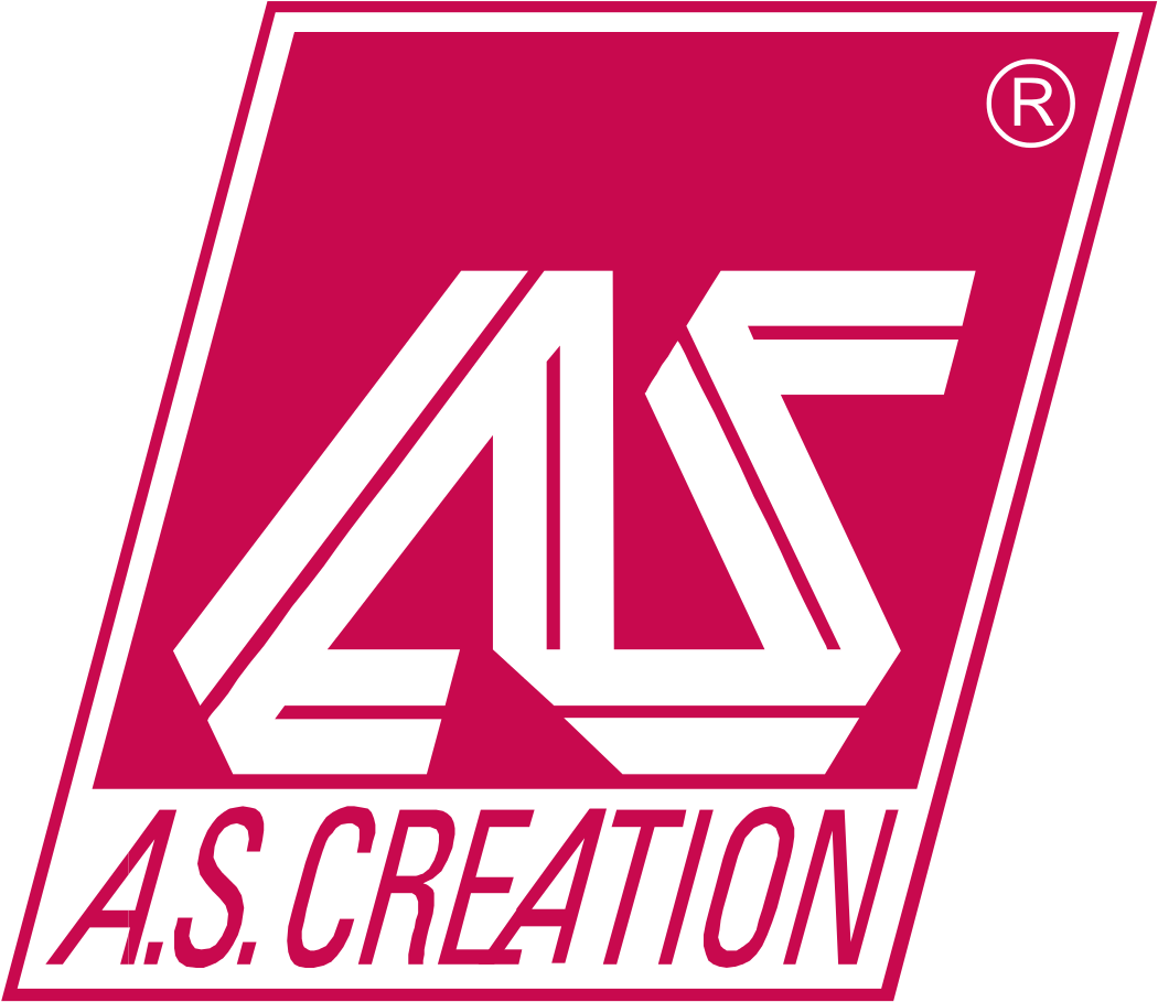 A S Creation標誌設計 壁紙 — 一個大膽的洋紅色標誌，在傾斜的矩形內帶有風格化的白色「AS」字母和「A.S. CREATION」文字。