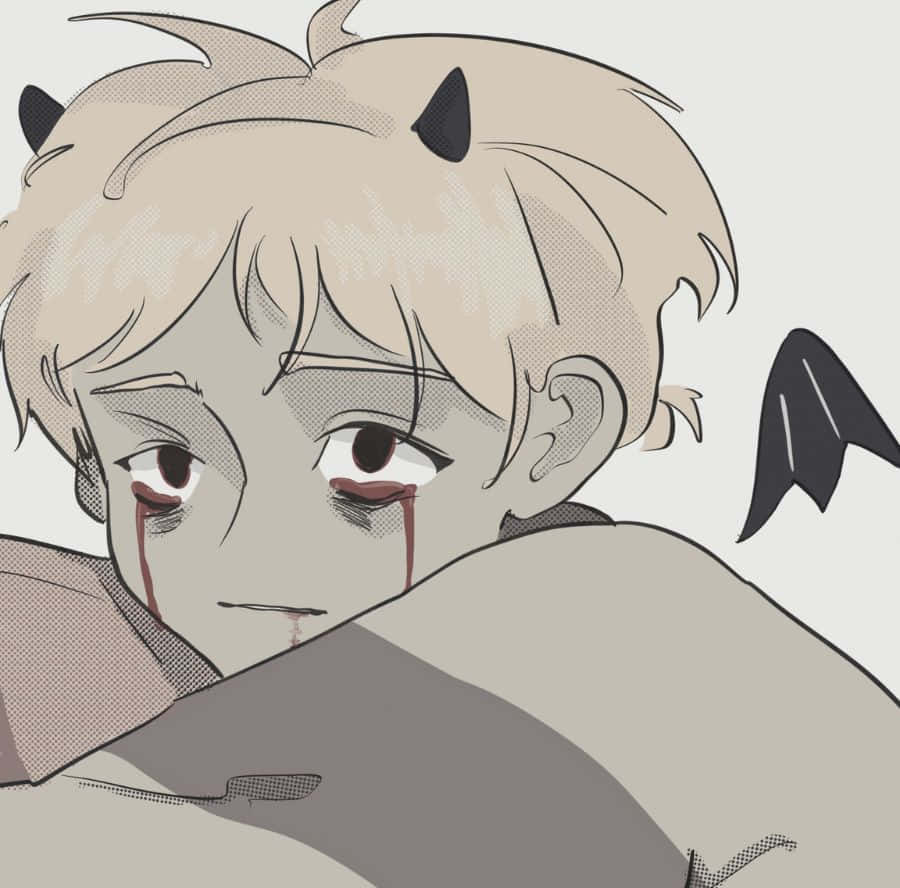  壁紙 — 一個悲傷的動漫男孩，金髮和小角，在純色背景前抱著自己，流著血淚。