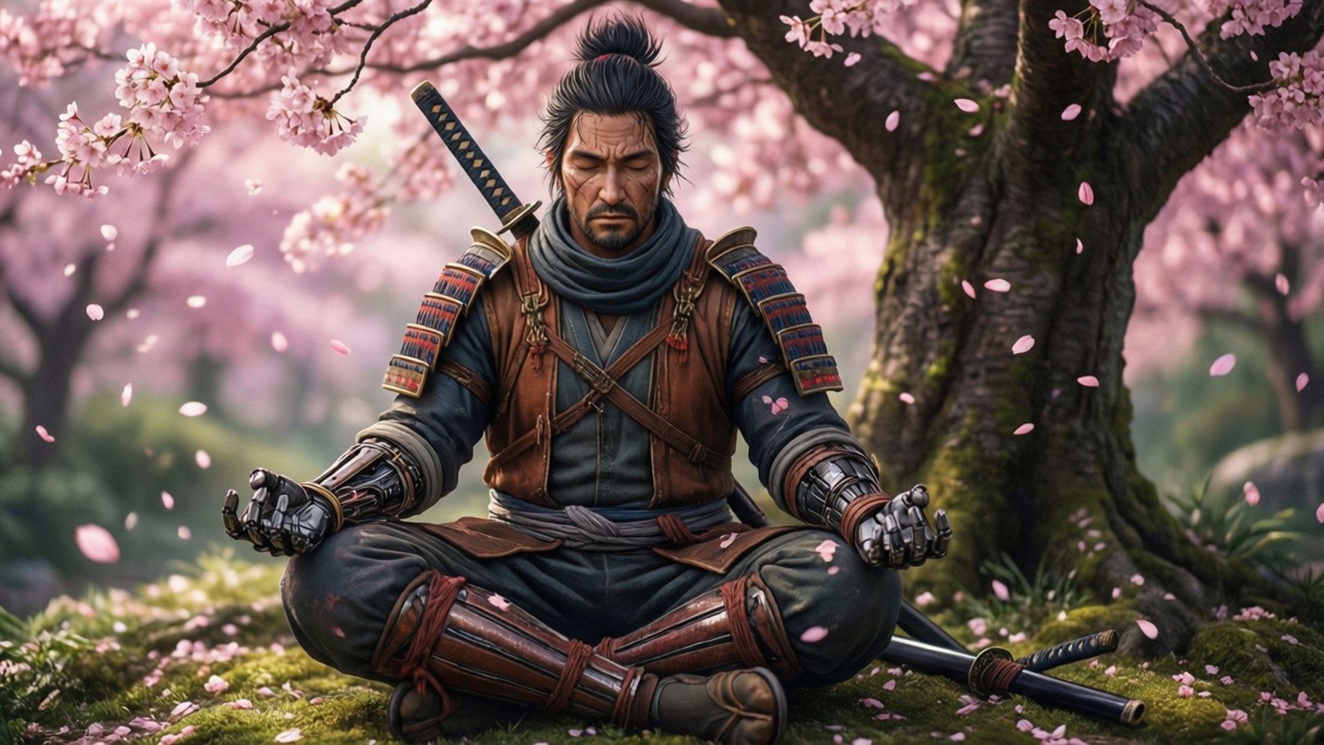 Sekiro 4K 桌布 壁紙 — 一名武士戰士在盛開的櫻花樹下，伴隨著飄落的花瓣，平靜地冥想。