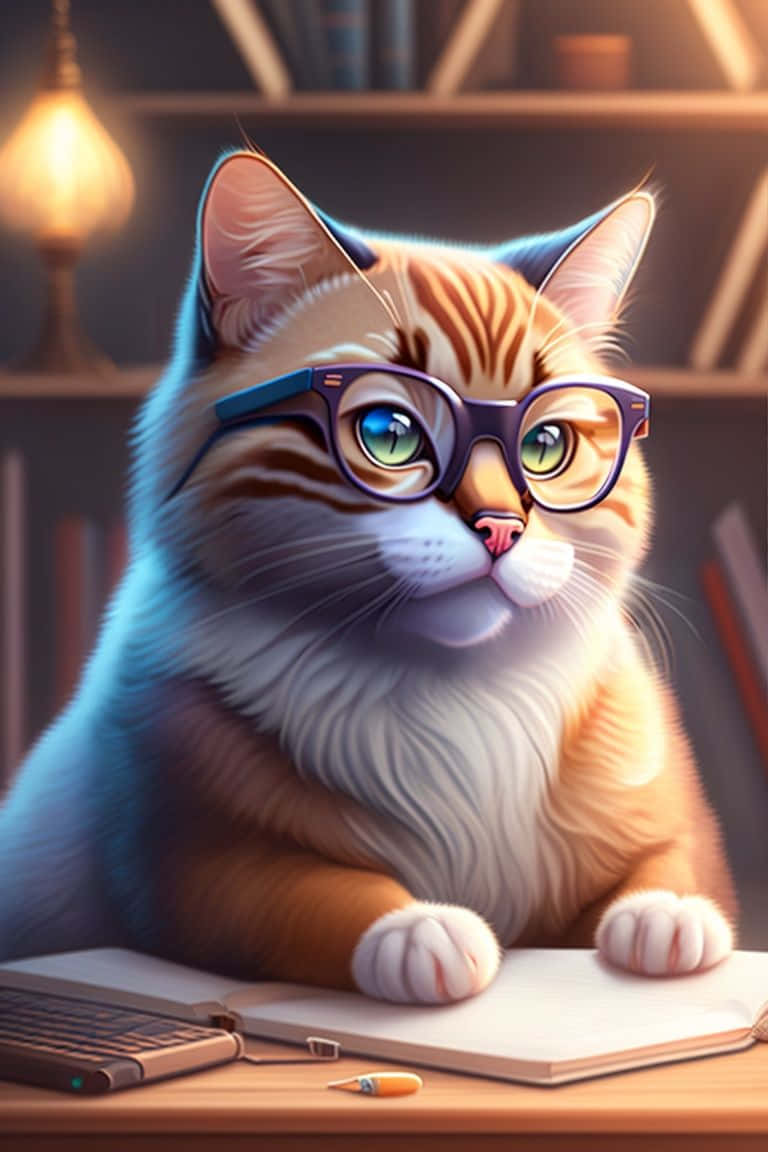  壁紙 — 一隻戴眼鏡的學者虎斑貓坐在舒適圖書館的木桌上，被一盞溫暖的燈照亮。