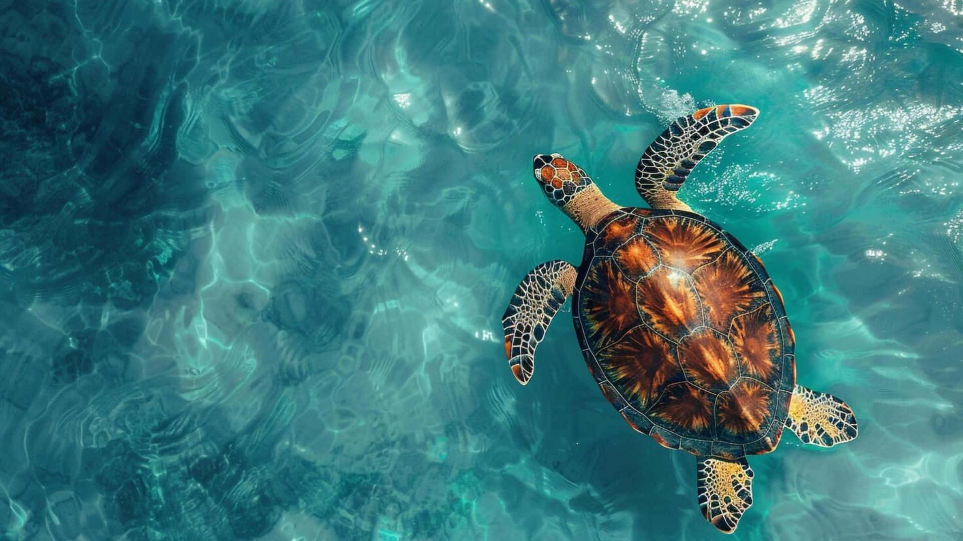  壁紙 — 一隻海龜優雅地滑過清澈的碧綠海水，陽光在水面上泛起漣漪。