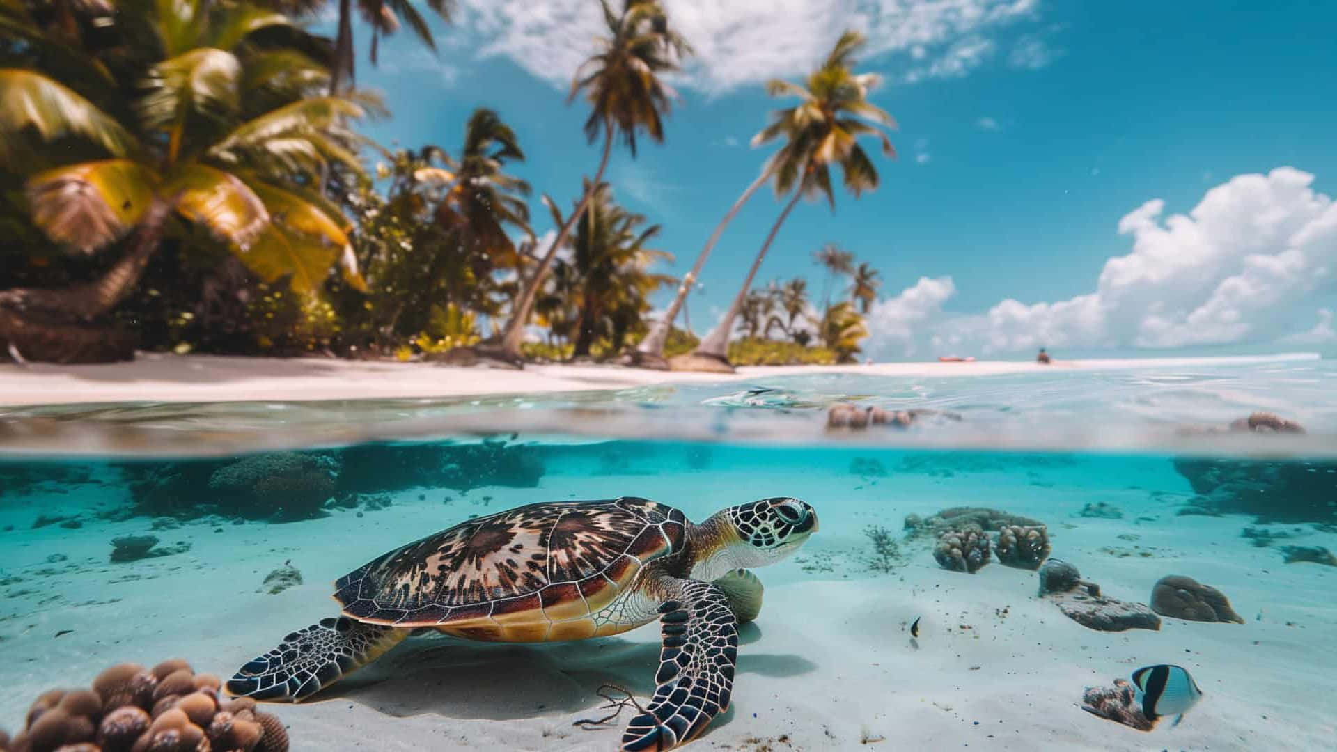  壁紙 — 一隻海龜在清澈的碧綠海水中滑翔，游過珊瑚礁上方，背景是熱帶沙灘和棕櫚樹。