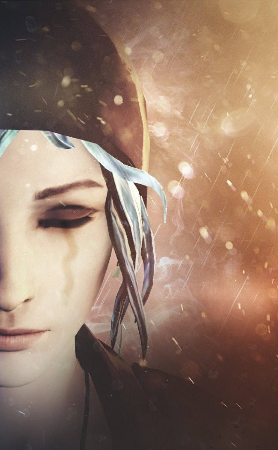 Life Is Strange：Chloe 半身特寫 壁紙 — 一個平靜的動漫女孩，閉著眼睛，藍色長髮飄逸，沐浴在溫暖的金色光芒中，周圍有飄落的粒子。