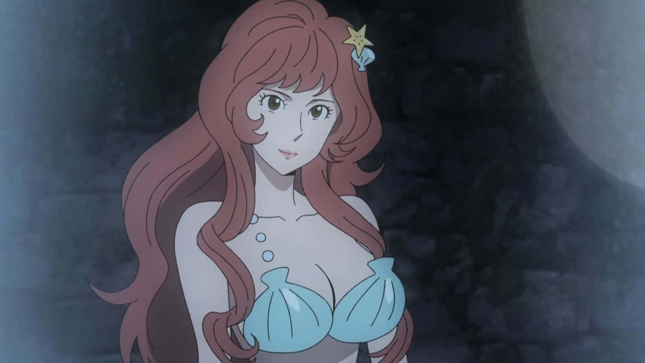  壁紙 — 一位平靜的動畫美人魚，長長棕色頭髮和一個海星髮夾，在昏暗的水下洞穴中溫柔地凝視。