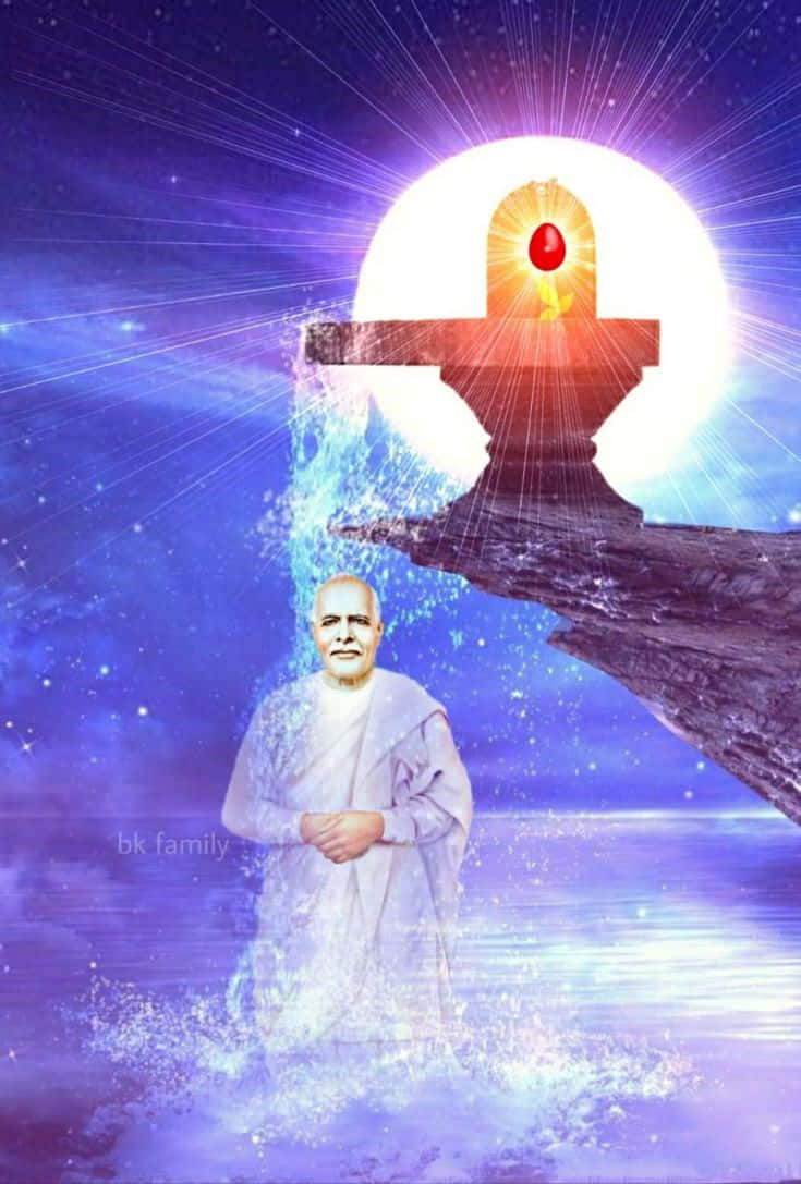  壁紙 — 一位平靜的光頭男子身穿白袍，站在發光的水中，下方是散發神聖光芒的閃耀濕婆林伽，背景是宇宙星空。