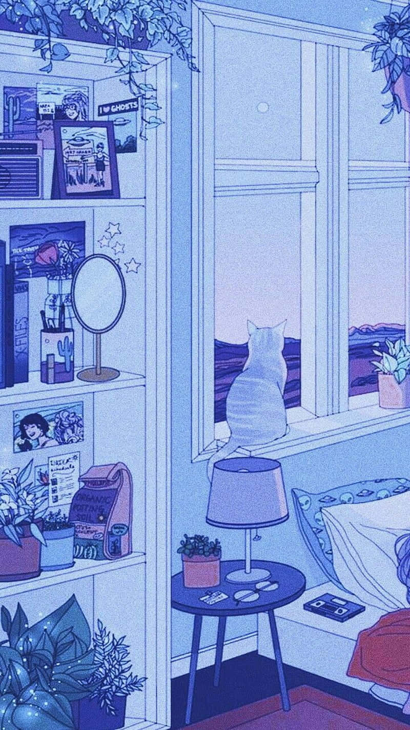  壁紙 — 一個寧靜的藍色調臥室，貓咪透過窗戶凝視遠方的風景，周圍環繞著植物和個人裝飾。
