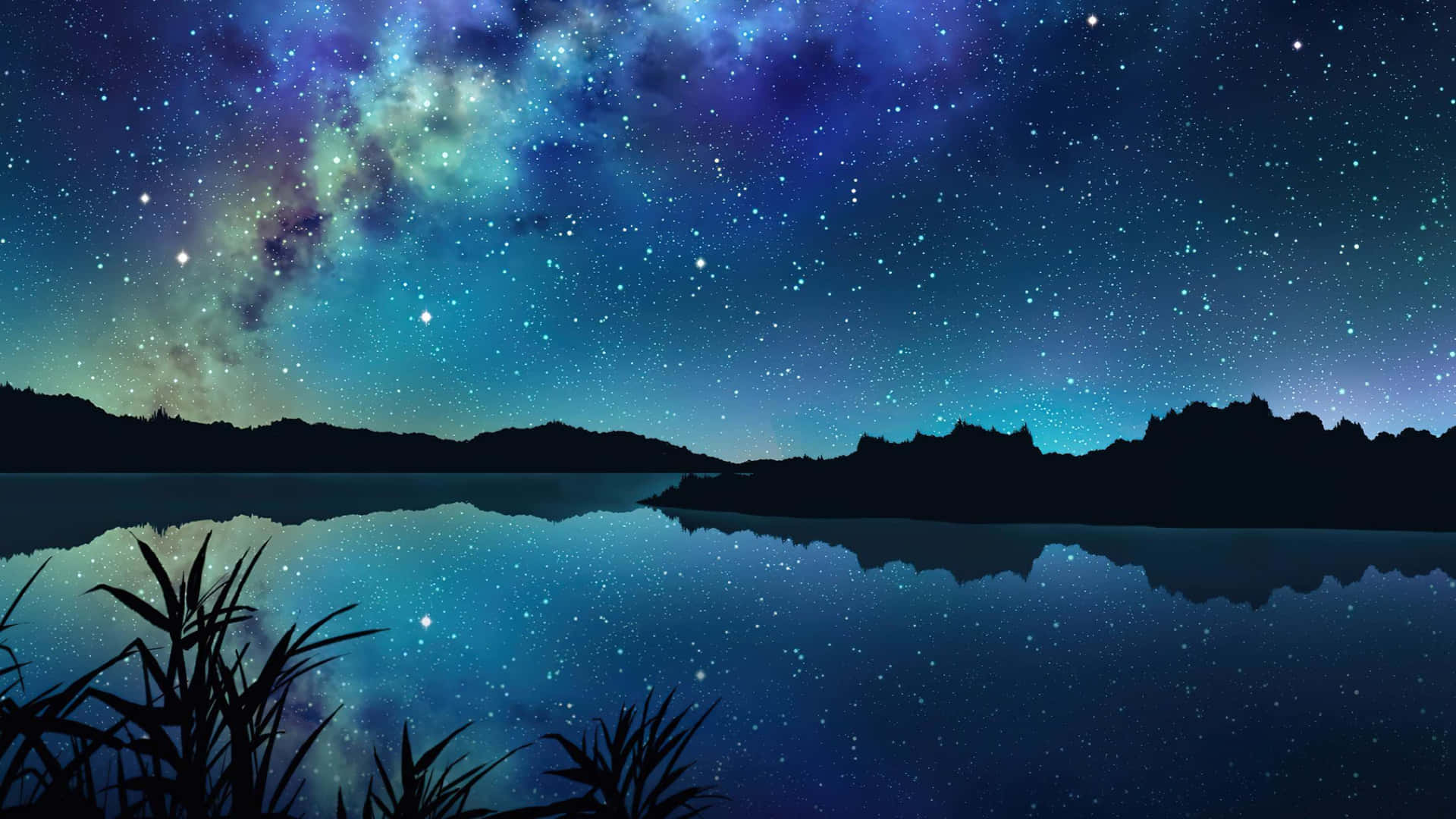  壁紙 — 寧靜的夜湖映照出充滿活力的星空，發光的銀河在剪影般的山丘和蘆葦上方拱起。