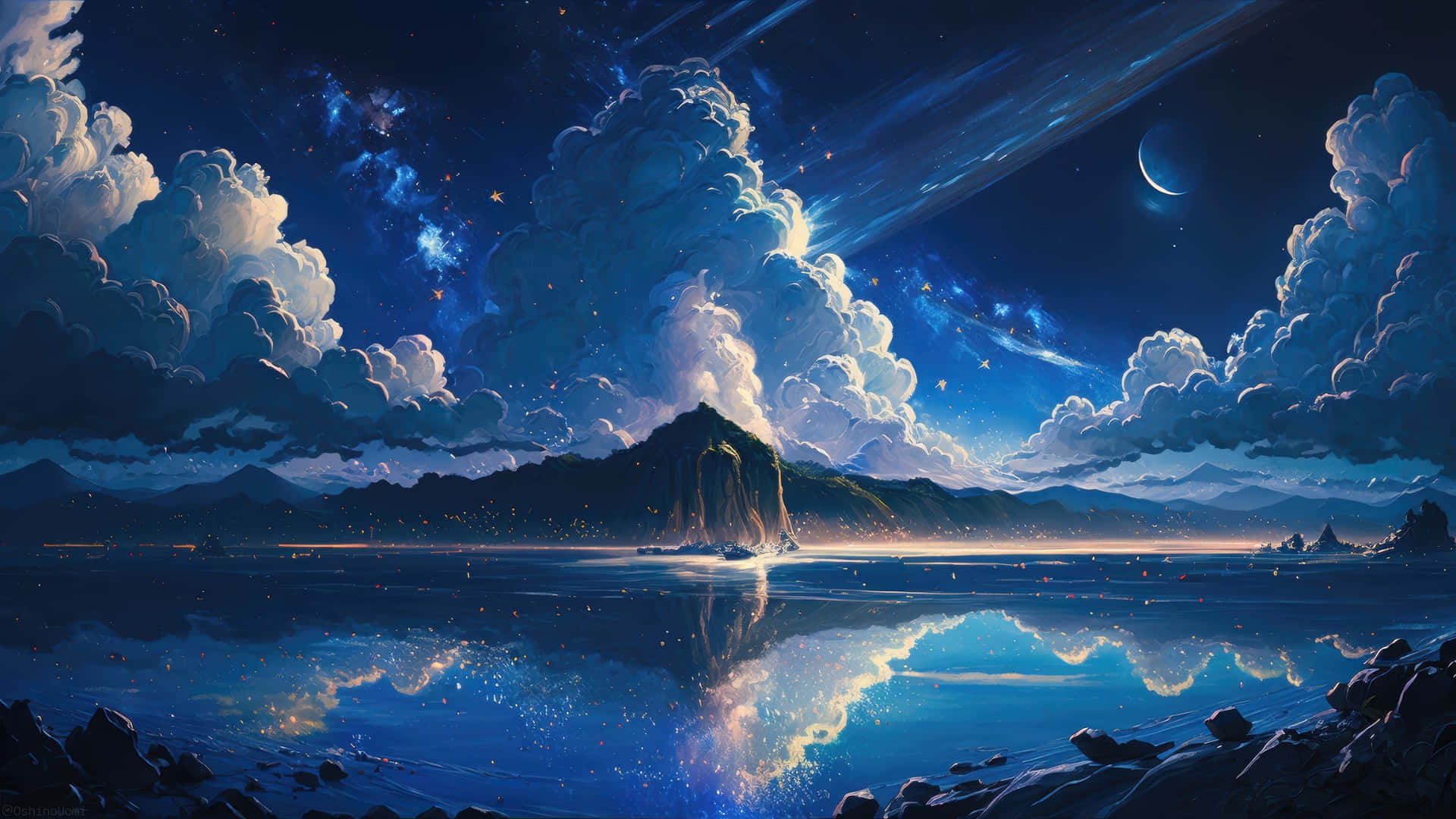  壁紙 — 寧靜的夜景，山脈倒映在平靜的水面上，星空下有一彎新月和發光的雲彩。