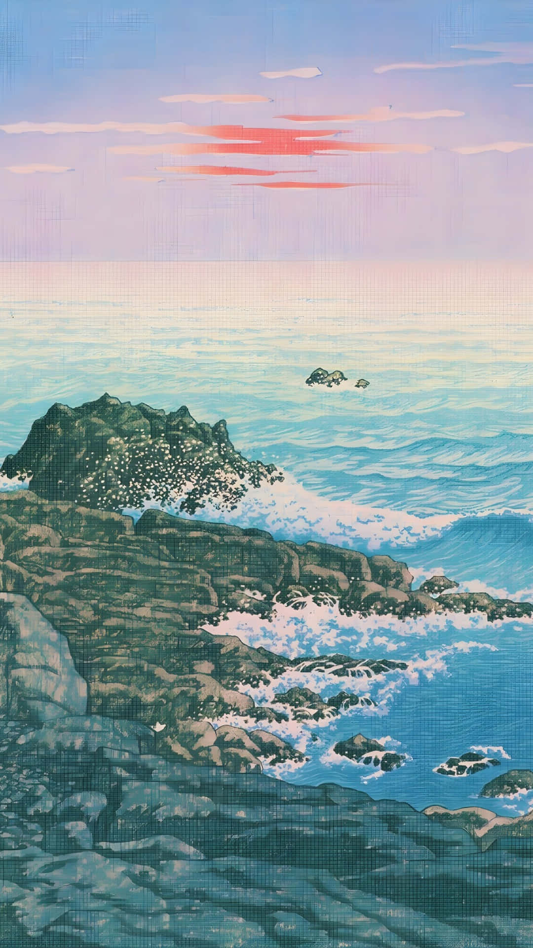  壁紙 — 在粉彩天空下，日落平靜地映照在岩石海岸線上，海浪拍打著黑暗的懸崖。
