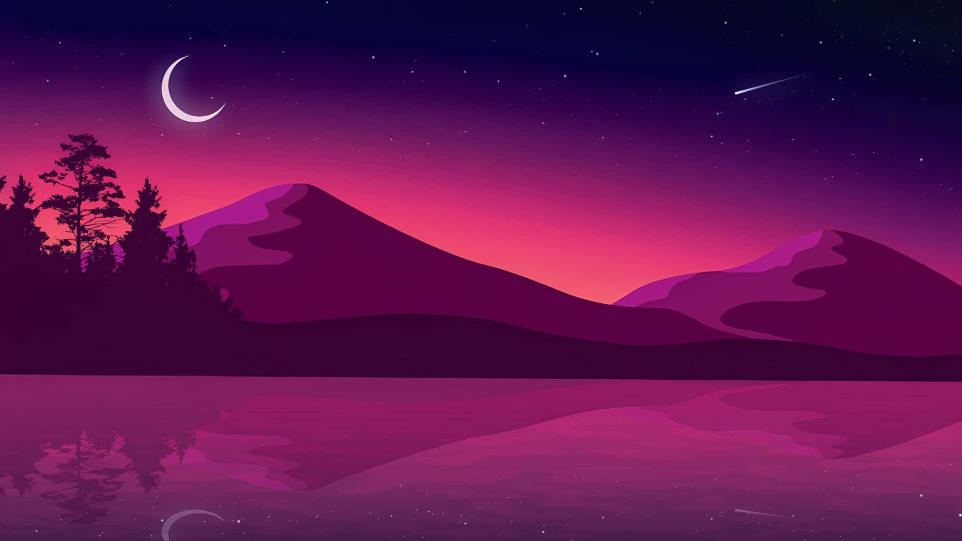  壁紙 — 寧靜的暮色山湖映照出帶有新月和流星的 vibrant 紫色天空。