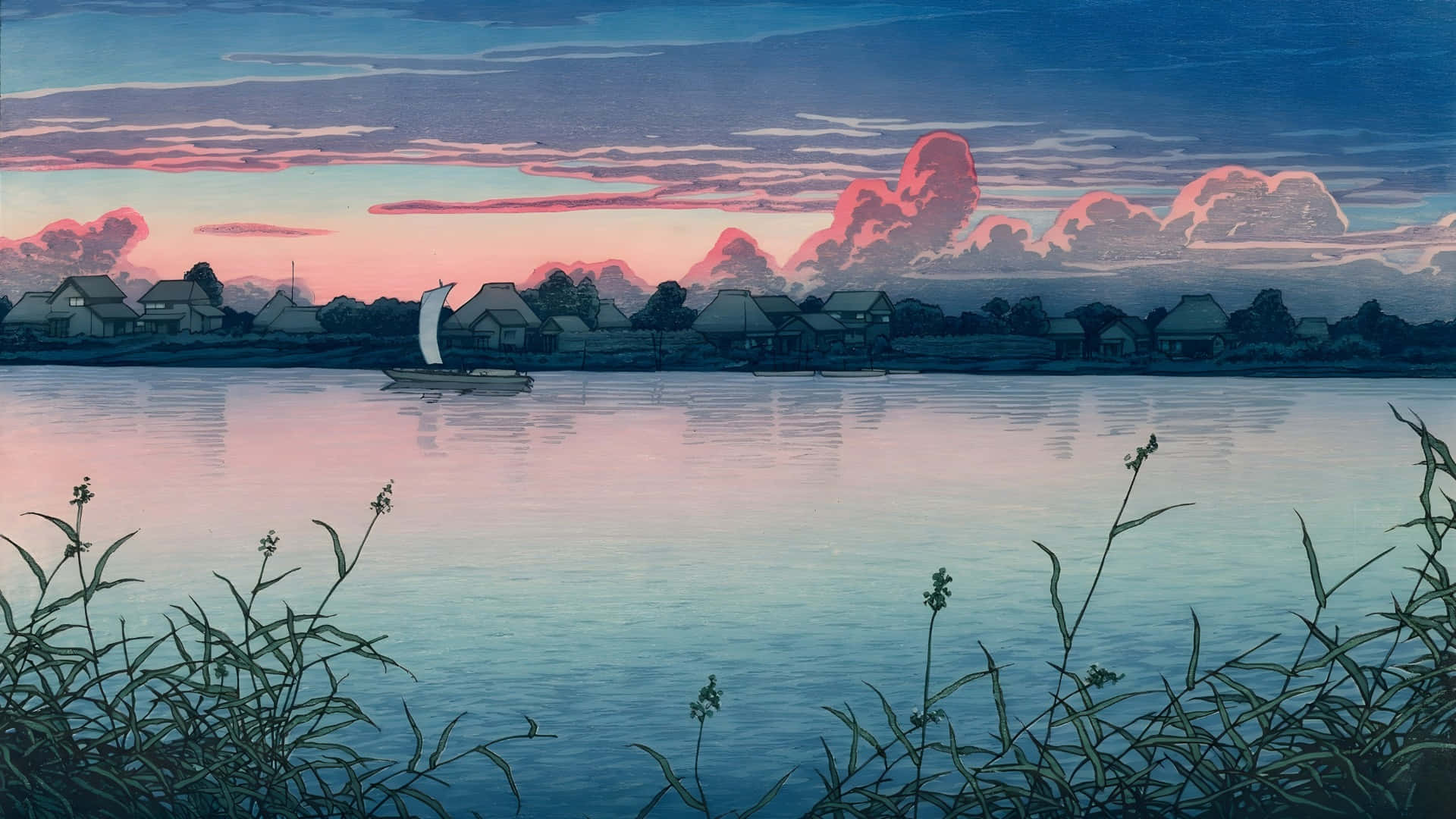  壁紙 — 寧靜的黃昏場景，一艘帆船在平靜的河面上滑行，倒映著寧靜村莊上空粉紅與藍色的天空。