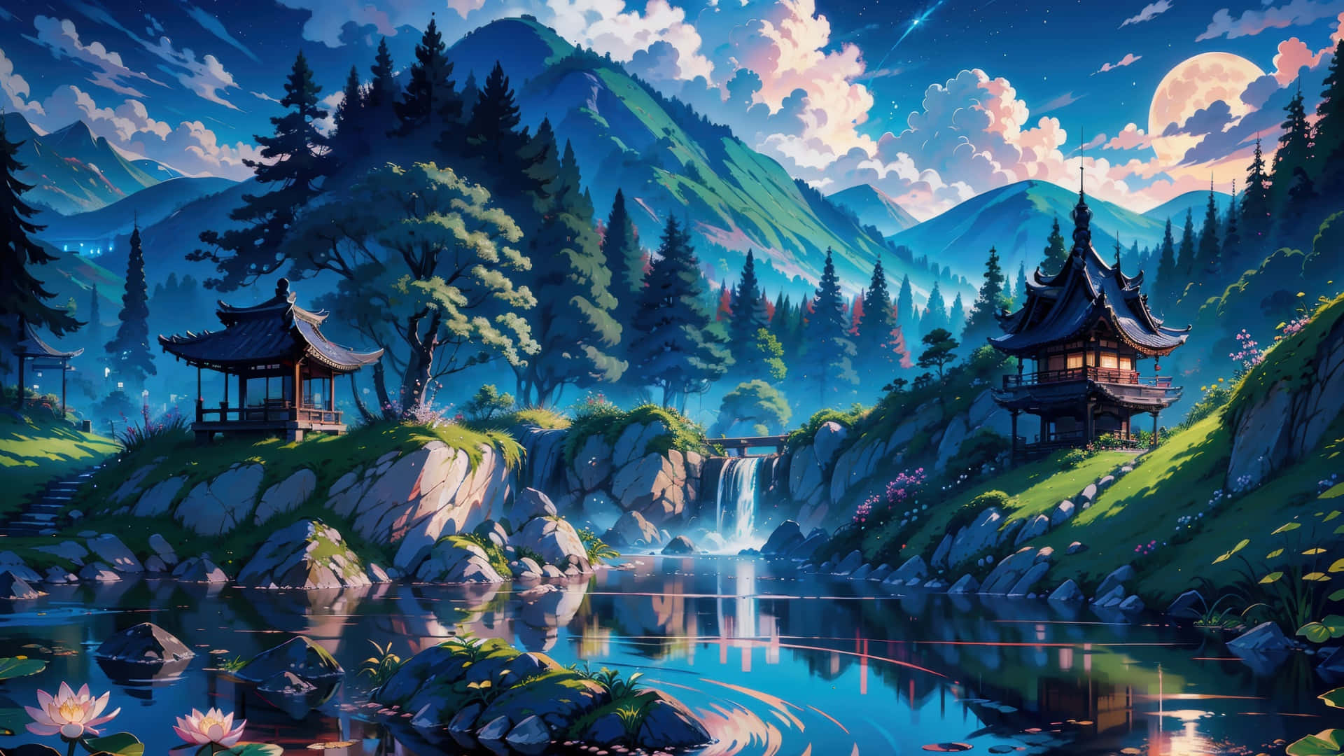  壁紙 — 寧靜的黃昏場景，傳統寶塔坐落在鬱鬱蔥蔥的山巒之間，星空下有一個反射的湖泊和一輪明月。