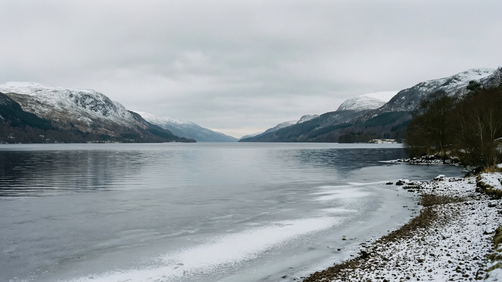 Winter Solitude at Loch Ness 壁紙 — 一個寧靜的冬日湖泊，積雪的山脈在陰天下的平靜湖水中倒映。