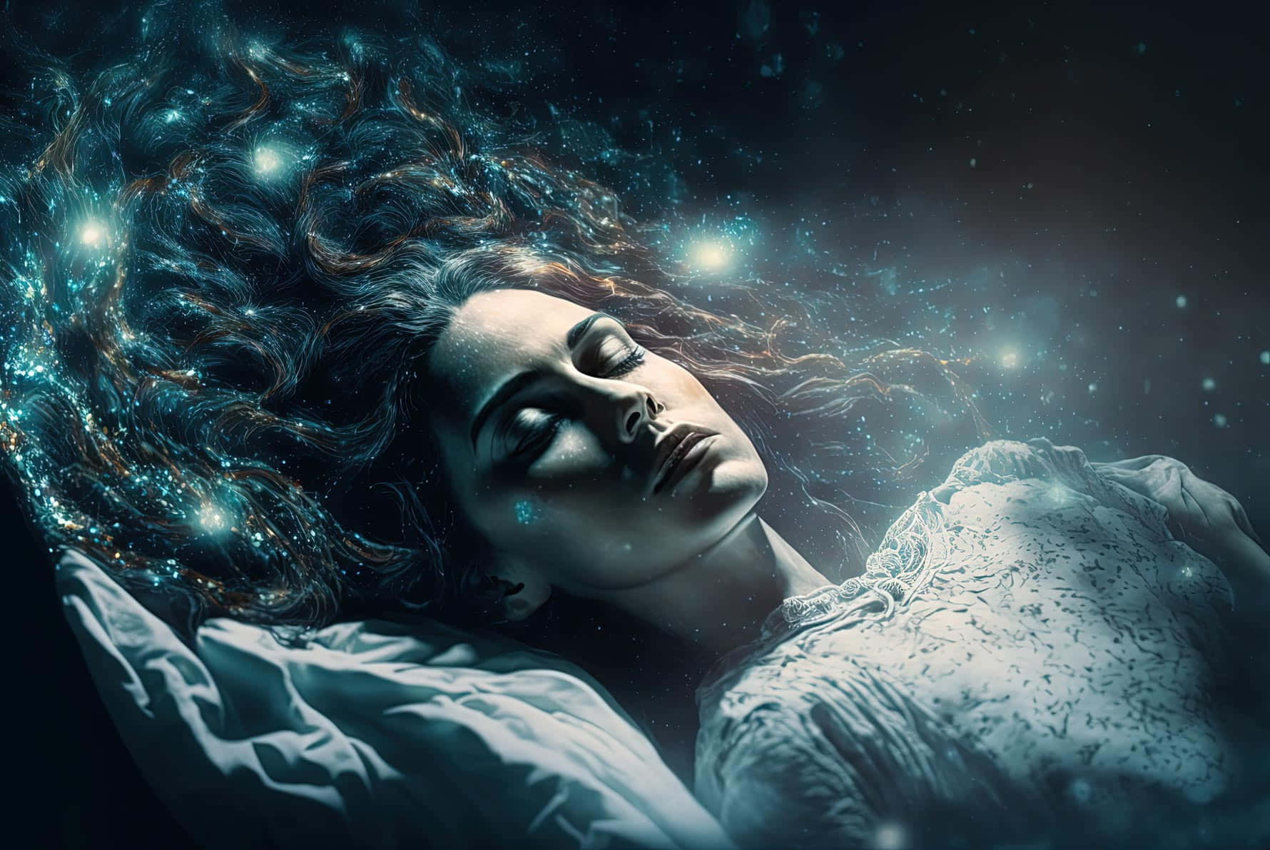  壁紙 — 一位寧靜的女性在繁星點點的夜空下入睡，她深色的頭髮中閃爍著旋轉的宇宙粒子。