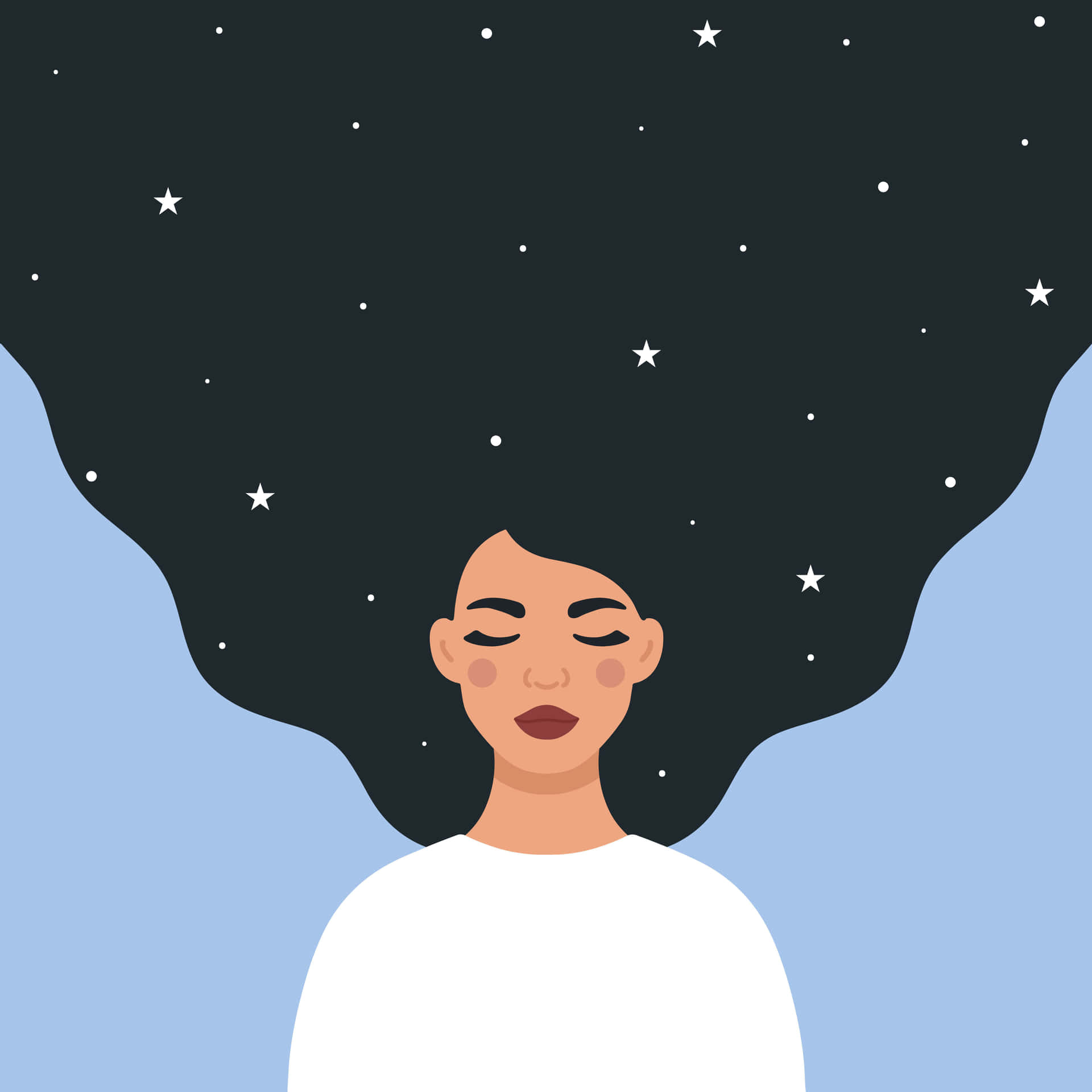  壁紙 — 一位寧靜的女性，閉著眼睛，頭髮充滿星星，背景是柔和的藍色。