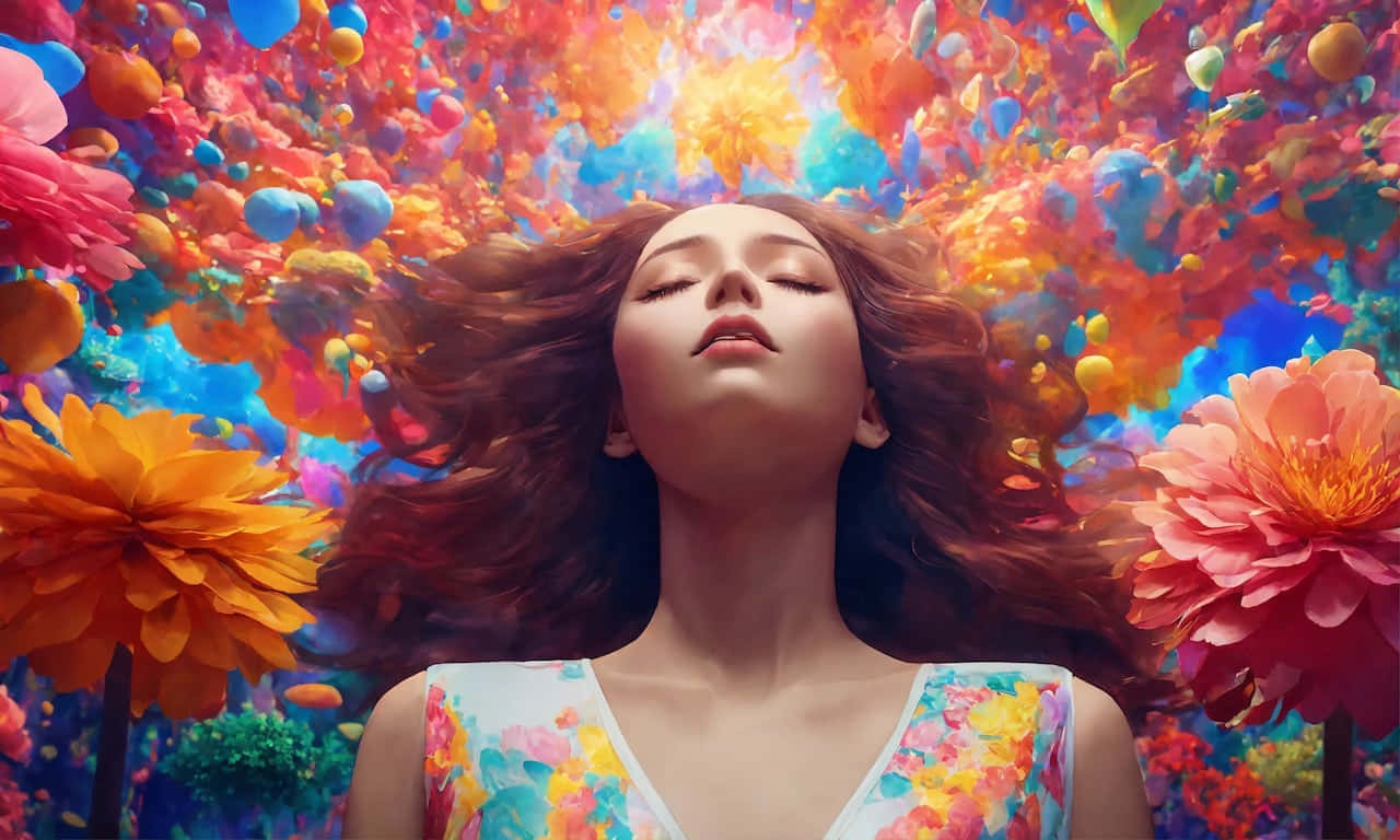  壁紙 — 一位閉著眼睛的寧靜女性漂浮在超現實的爆炸中，周圍是鮮豔的超大花朵和發光的球體。