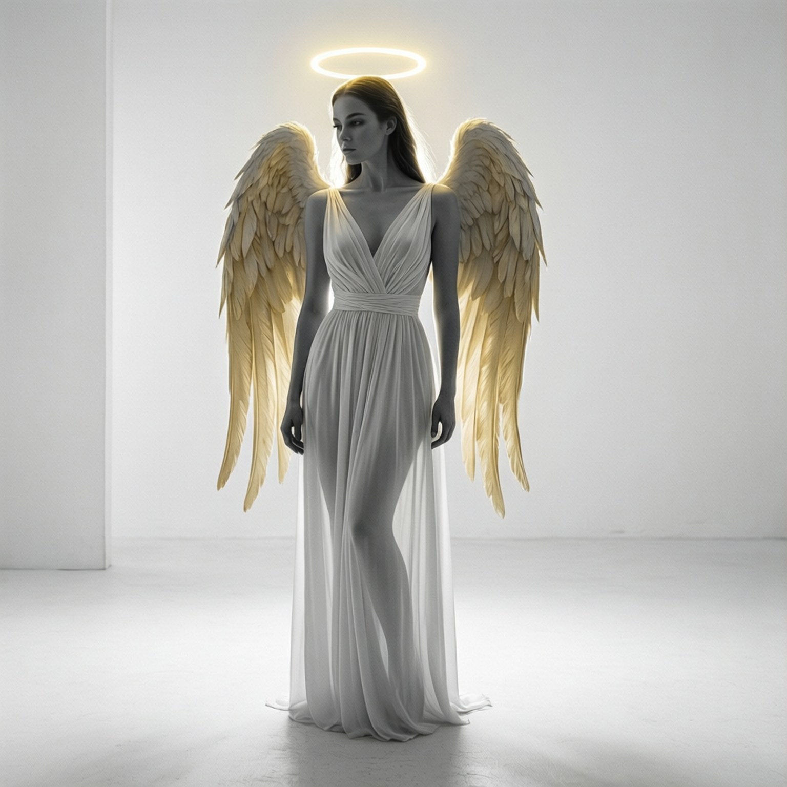 Minimalist Angel Elegance 壁紙 — 一位寧靜的天使，擁有金色翅膀和發光的光環，站在簡約的白色工作室中，穿著飄逸的白色長袍。