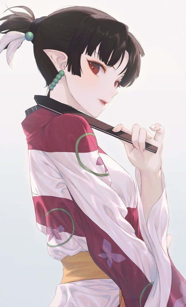 Inuyasha Kagura 桌布 壁紙 — 一個寧靜的動漫女孩，擁有精靈耳朵和深色馬尾辮，在柔和明亮的背景前拿著長笛。