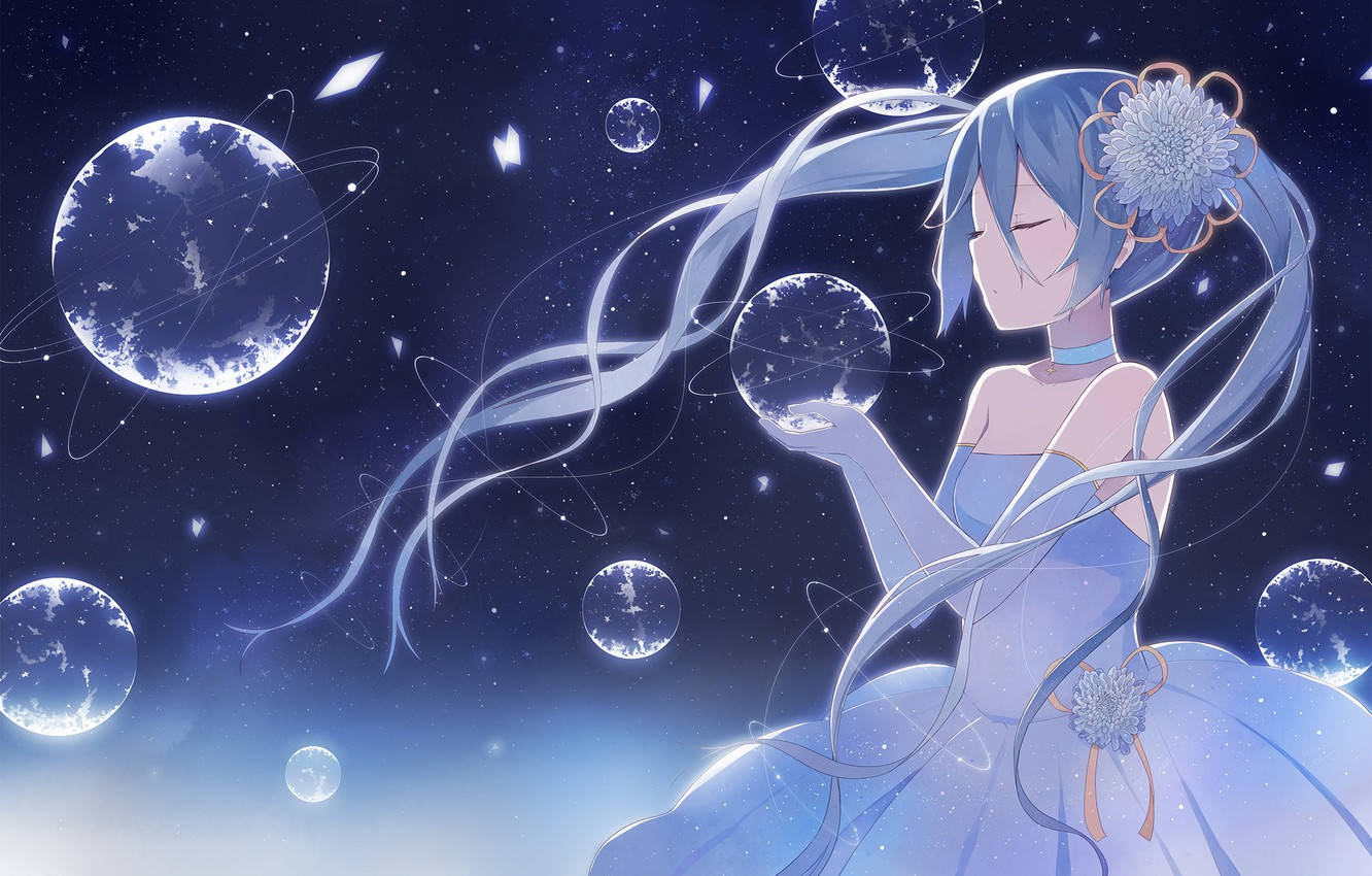 藍色頭髮的動漫女孩在星光燦爛的宇宙環境中漂浮在發光球體之間。