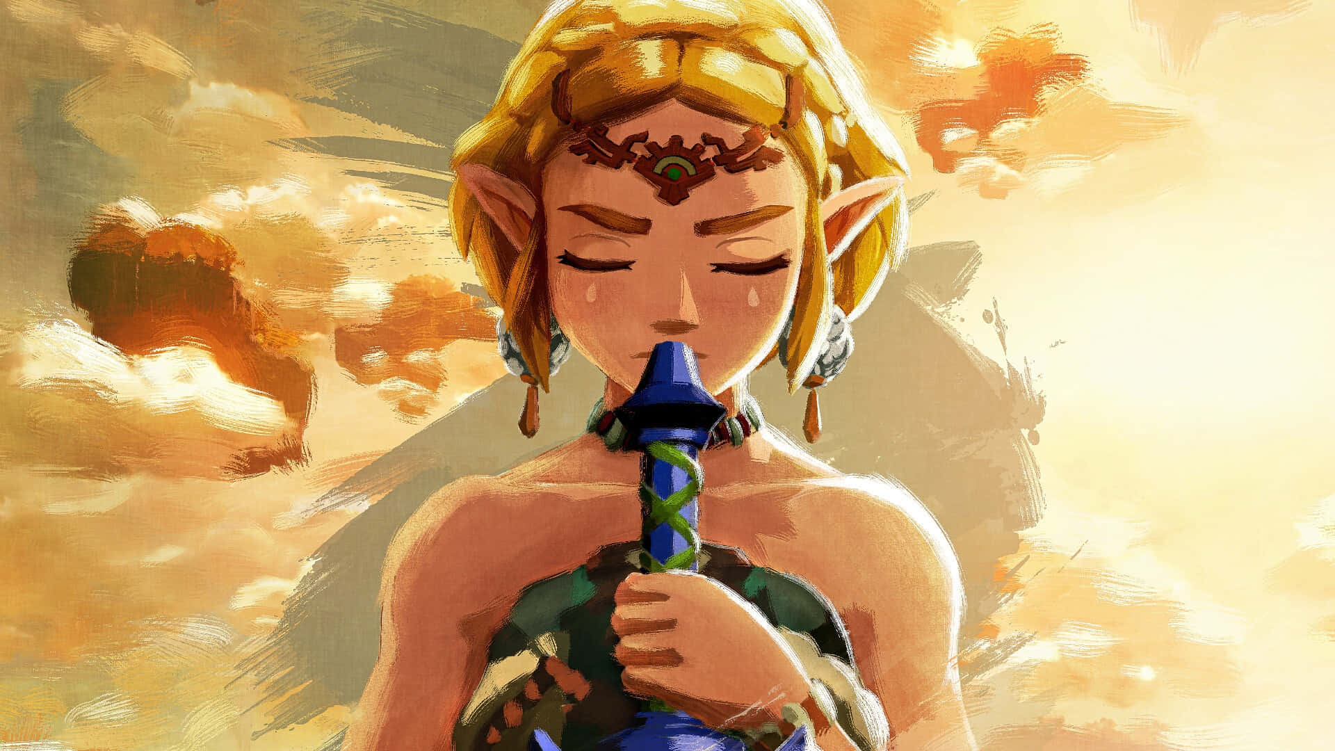  壁紙 — 一位平靜的動漫女孩，金色長髮和尖耳朵，在溫暖的日落天空下將藍色劍貼在唇邊。