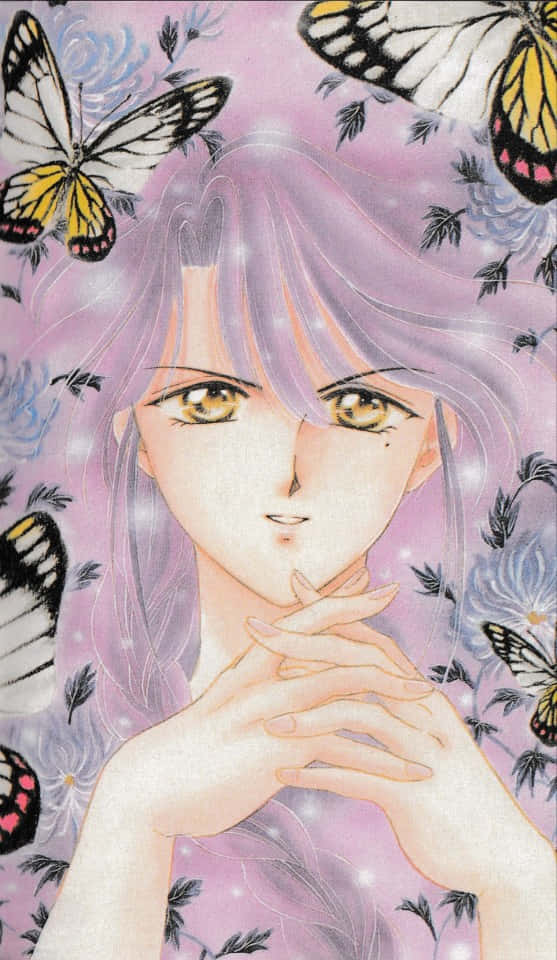擁有薰衣草色頭髮和金色眼睛的動漫女孩，被蝴蝶和花朵環繞。 — 唯美蝴蝶動圖 壁紙