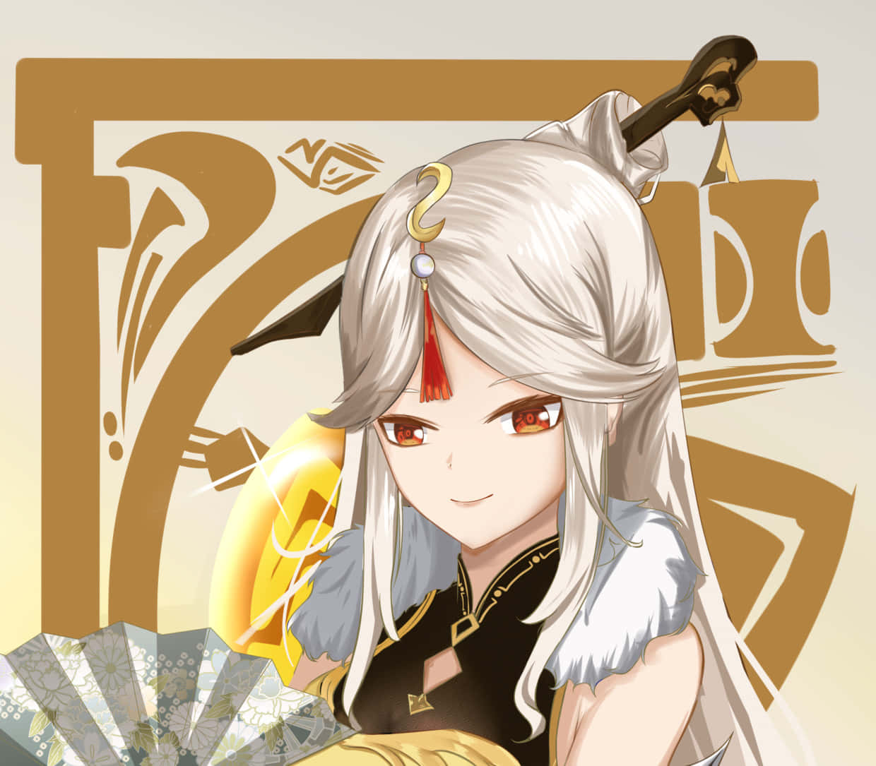 Genshin Impact Ningguang 桌布 壁紙 — 一位寧靜的動漫女孩，銀色頭髮和紅色眼睛，手持扇子，背景是風格化的金色。