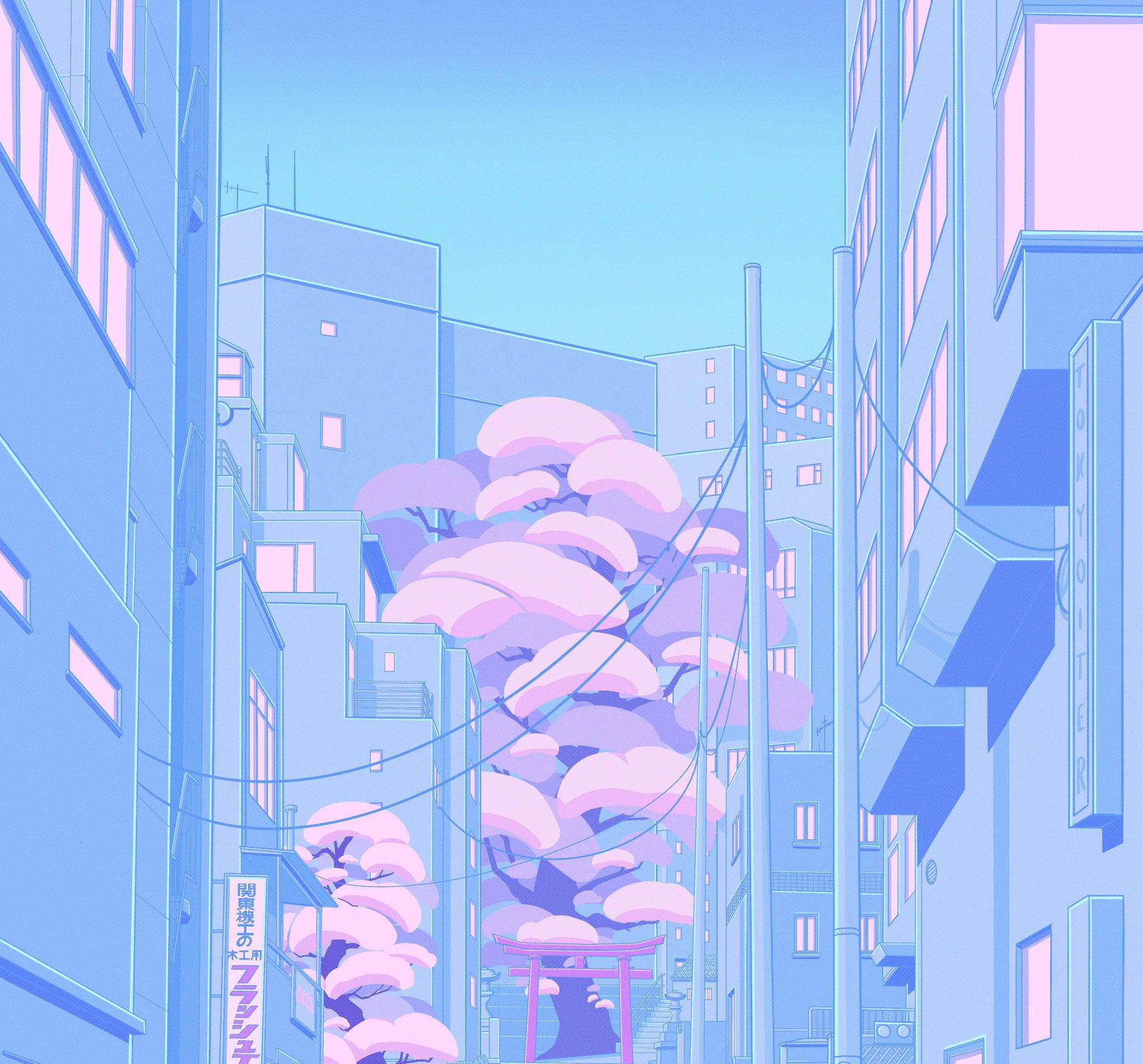 動漫街景，在粉彩建築物之間有櫻花和神社大門。