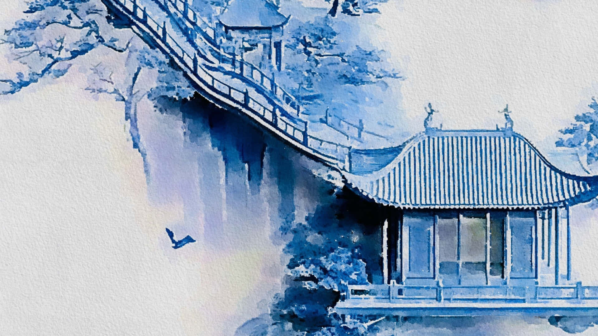  壁紙 — 一幅寧靜的藍色水彩畫，描繪傳統東亞亭閣和蜿蜒的橋樑，隱藏在樹木之間，有一隻孤鳥在飛翔。