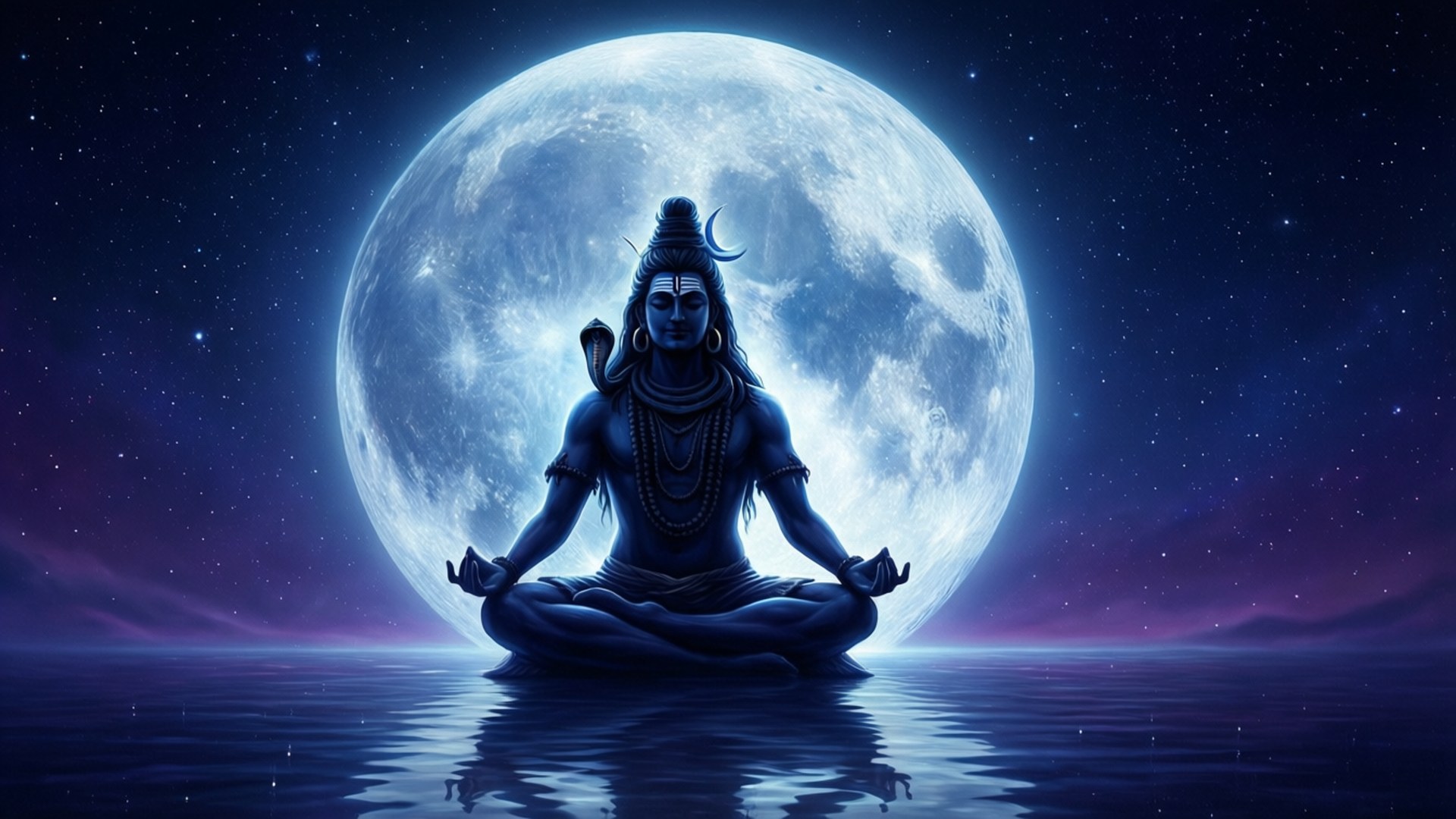 Moonlit Meditation 壁紙 — 一位寧靜的神祇在星光燦爛的夜空下，於水面上以蓮花坐姿冥想，頭頂一輪明亮的滿月。