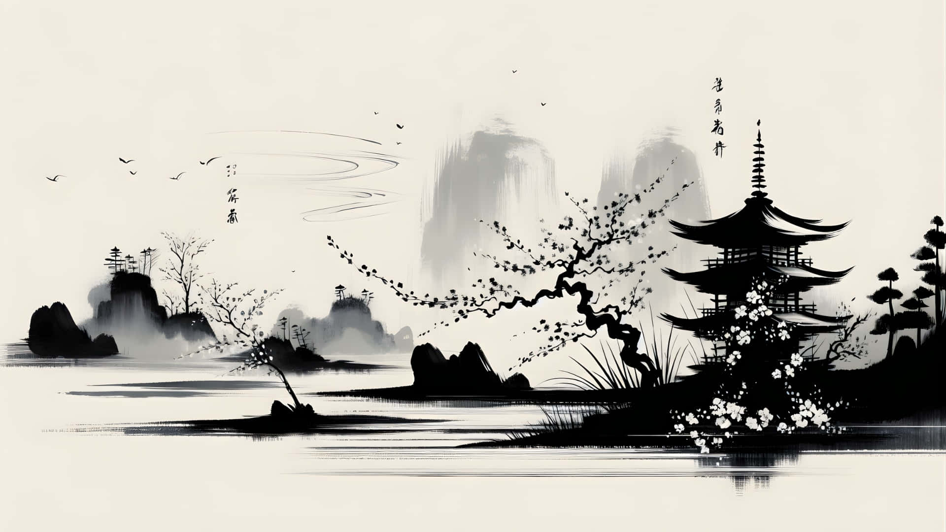  壁紙 — 一幅寧靜的水墨畫描繪了傳統寶塔在霧氣瀰漫的湖邊盛開的櫻花樹旁，遠山和飛鳥。