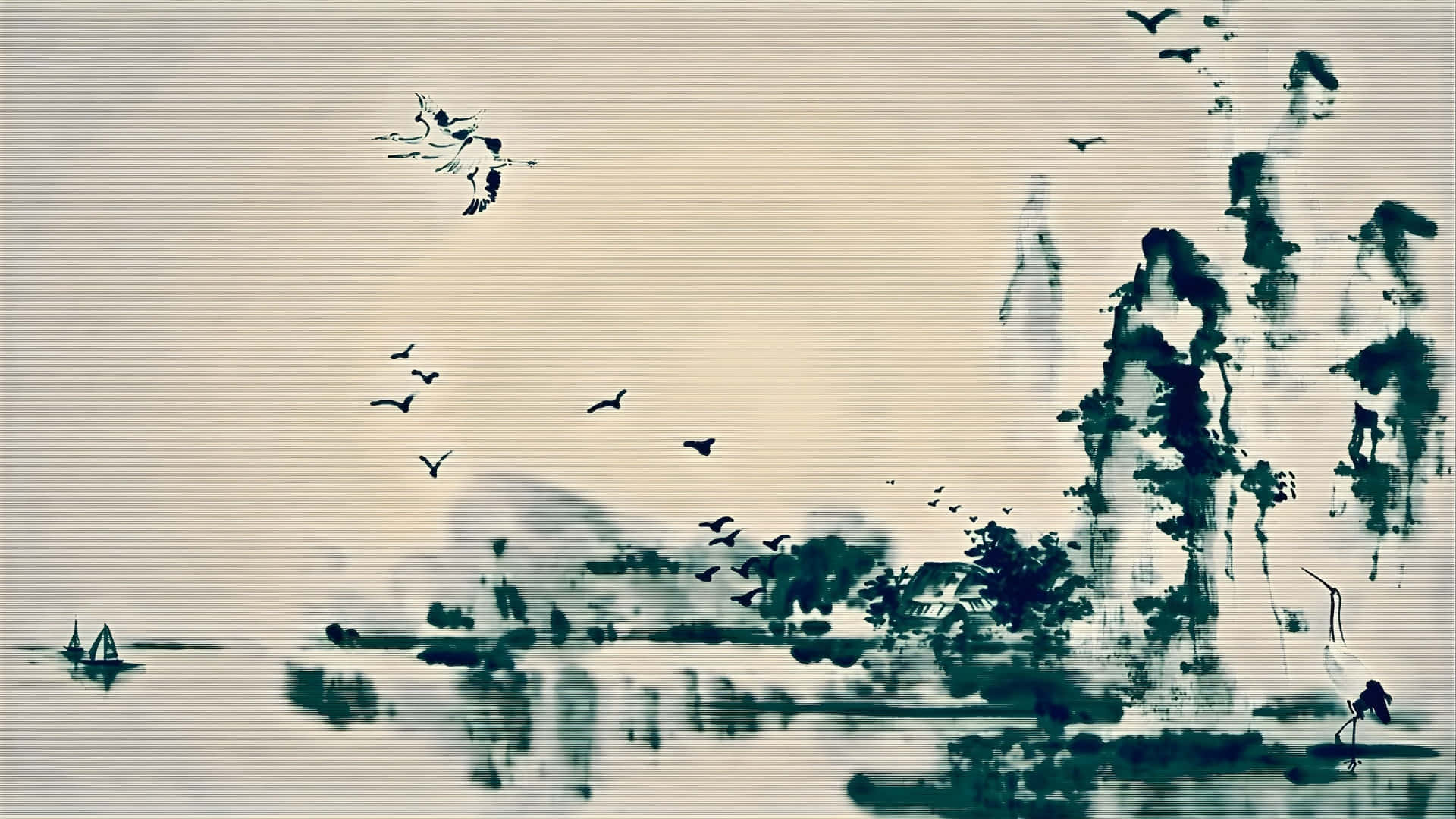  壁紙 — 一幅寧靜的水墨畫描繪了鶴在霧氣繚繞的山巒和寧靜的湖面上飛翔，湖中有一艘孤獨的帆船。