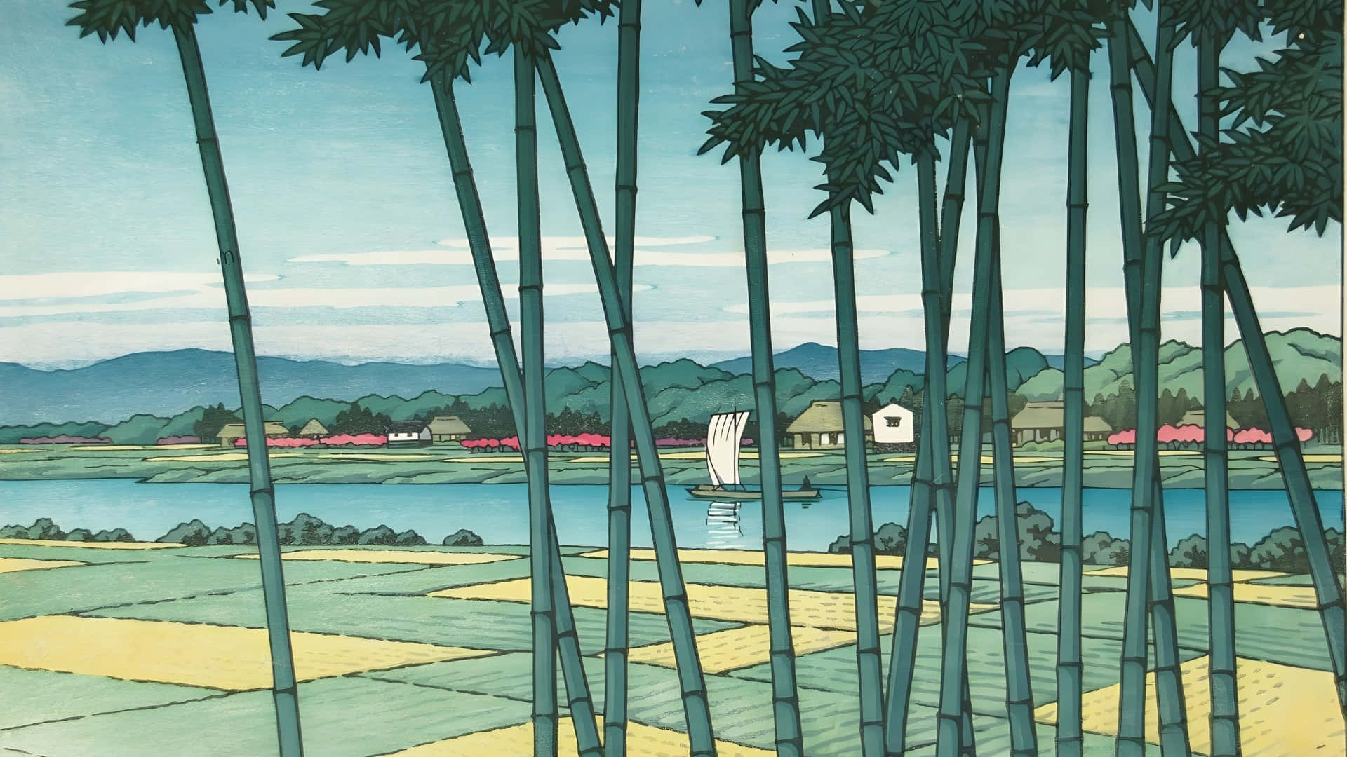  壁紙 — 透過竹莖看到的寧靜日本風景，一艘帆船在稻田和遠處房屋附近的平靜河流上滑行。