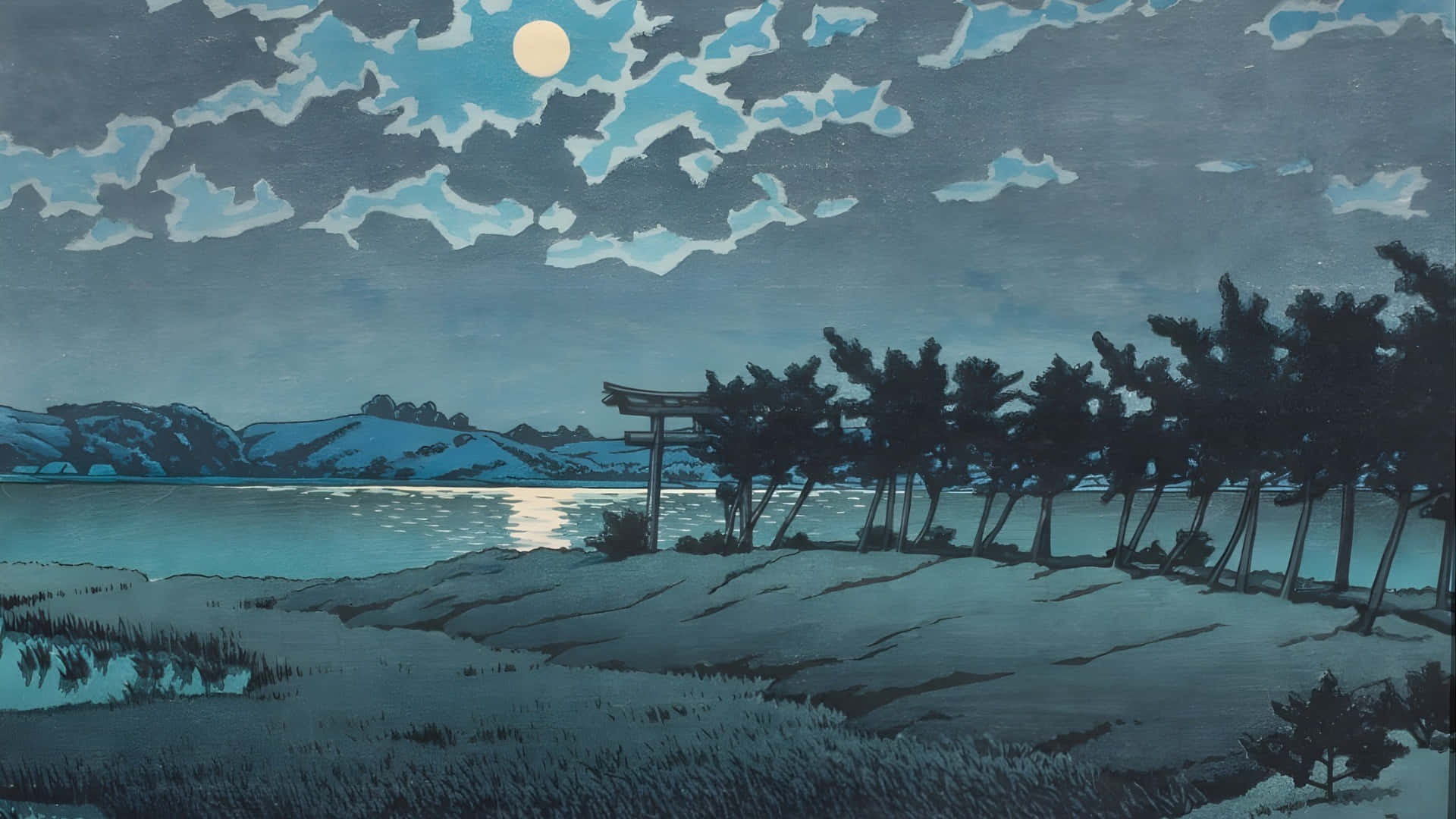  壁紙 — 在陰雲密佈的夜空下，寧靜的月光湖面倒映著鳥居和松樹。