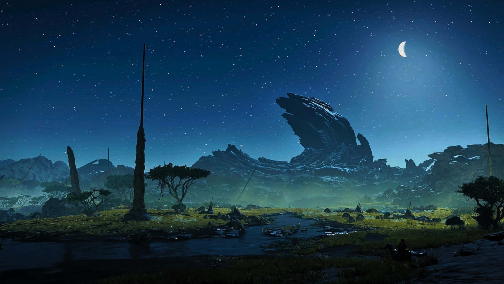  壁紙 — 寧靜的夜景，新月和星星籠罩在霧氣瀰漫的山谷之上，閃爍著綠光的草地和崎嶇的山脈。