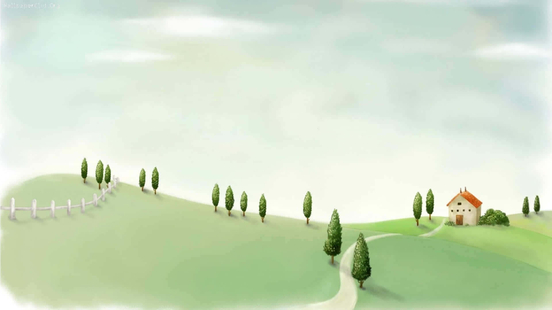 壁紙 — 寧靜的粉彩風景，起伏的綠色山丘點綴著柏樹，一間孤獨的房子在柔和的雲天下。