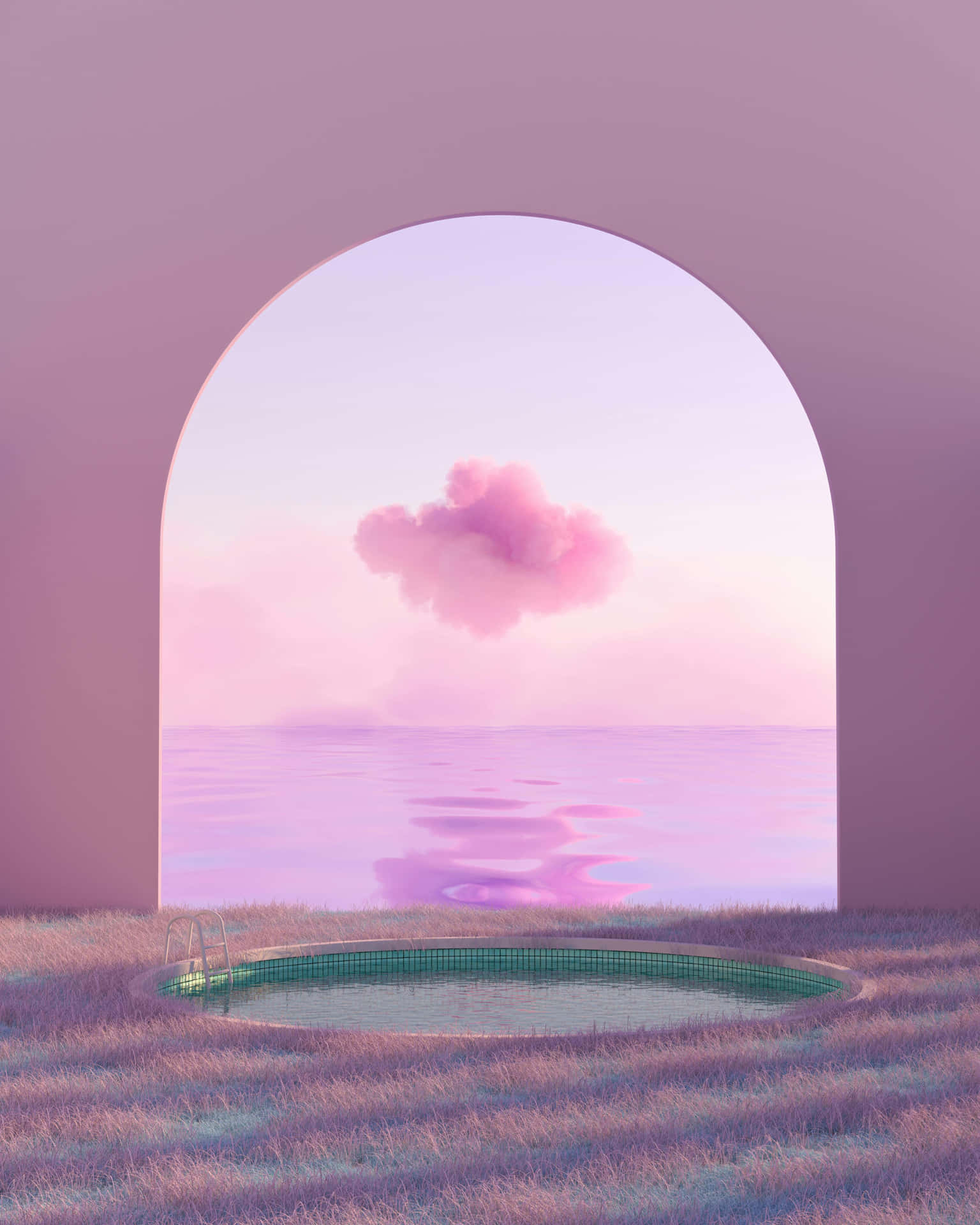  壁紙 — 一個寧靜的粉紅色拱門框住一個寧靜的泳池，倒映著平靜水面上的一朵蓬鬆雲朵。