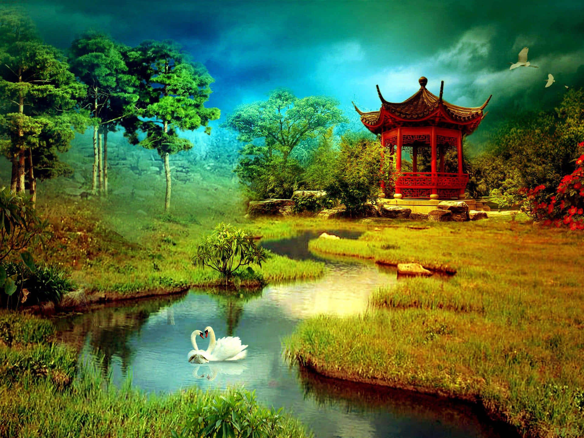  壁紙 — 一個寧靜的池塘，兩隻天鵝在戲劇性的天空下，滑過一座被茂密綠植環繞的紅色寶塔。