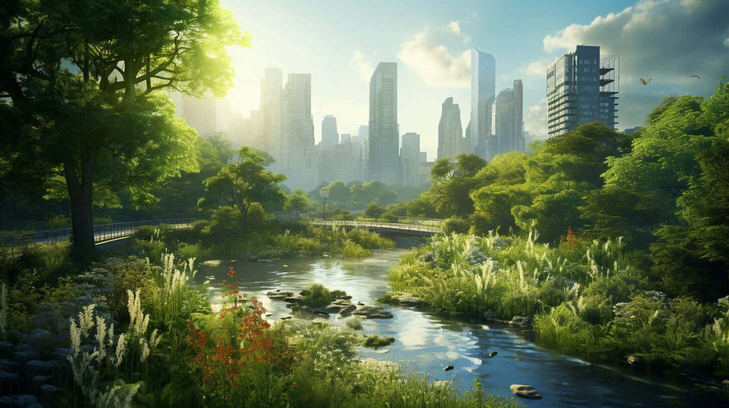  壁紙 — 一條寧靜的河流穿過茂密的綠植，遠處現代城市的天際線在明亮的陽光下閃耀。