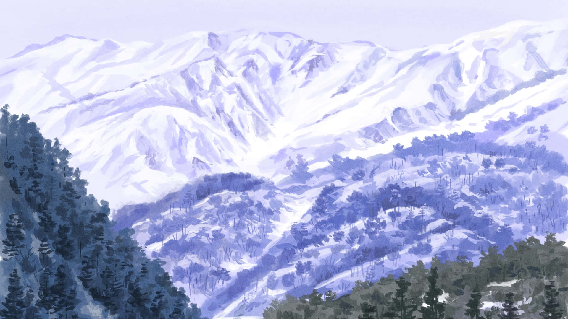  壁紙 — 一幅寧靜的水彩風景畫，描繪了白雪覆蓋的山脈，前景是紫色調的森林。