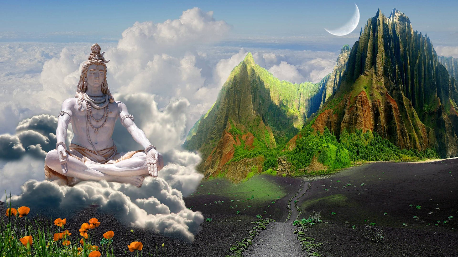 一位神靈在雲端上冥想，下方是山谷，有新月和橙色花朵。