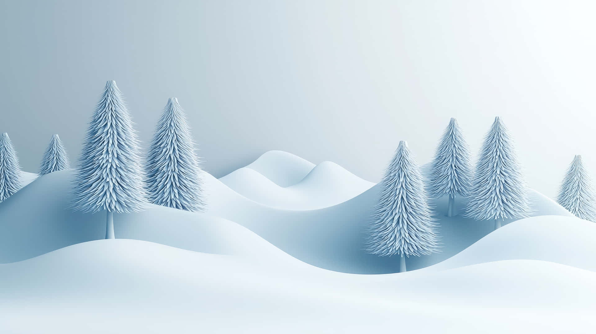 淡藍色天空下，山丘上松樹的雪景