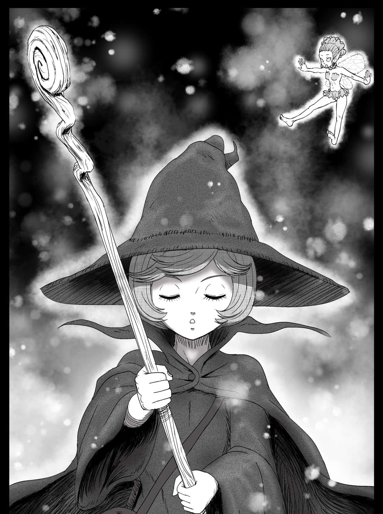 一位閉著眼睛的女巫手持杖，一位仙女在星空附近飛翔。 — 狂戰士 GIF 壁紙