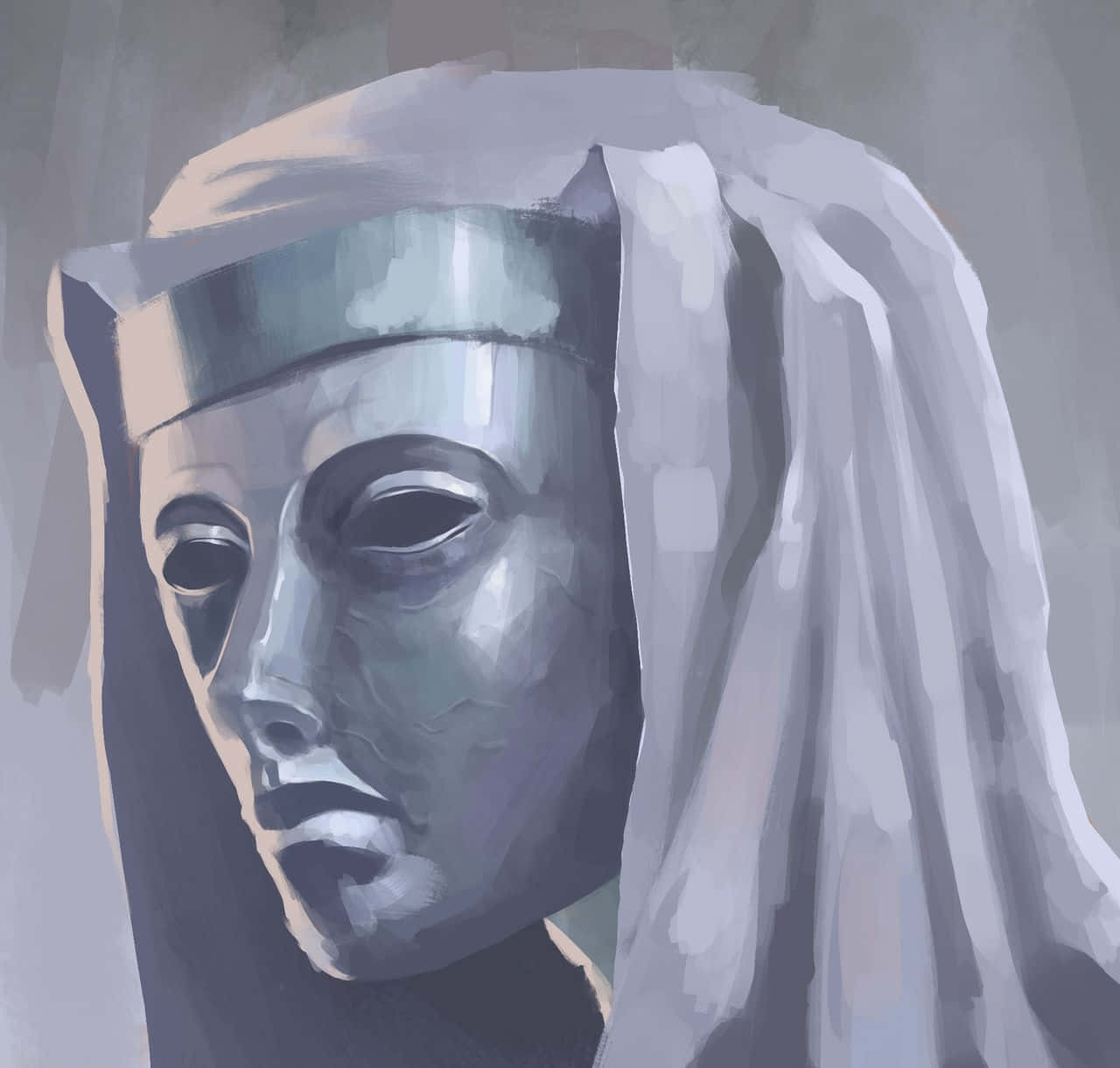  壁紙 — 一幅寧靜的繪畫肖像，描繪一個戴著銀色面具、披著飄逸白色面紗的人物，背景為柔和的灰色。