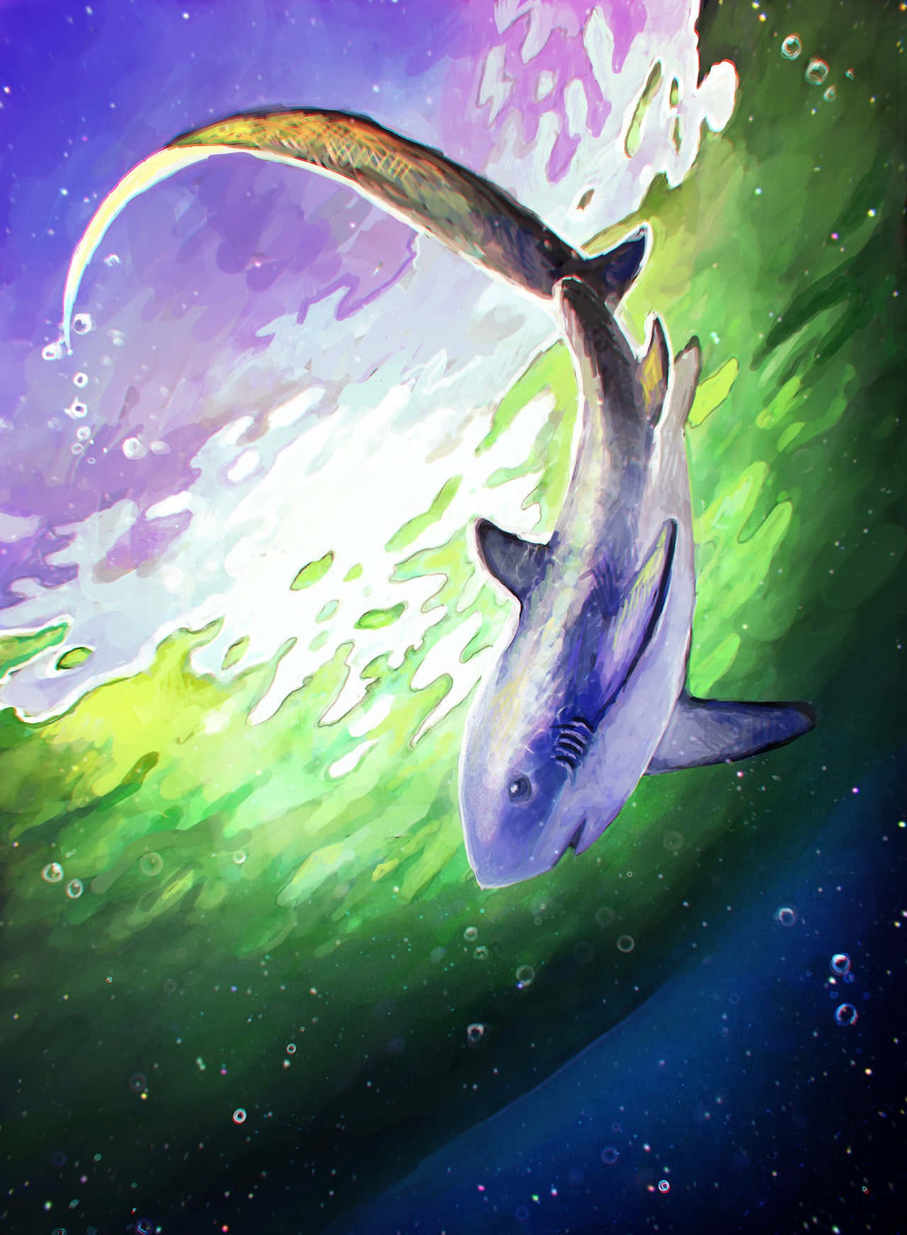  壁紙 — 一條鯊魚在充滿活力的宇宙海洋中游動，帶有旋轉的綠色、紫色和藍色色調以及漂浮的氣泡。