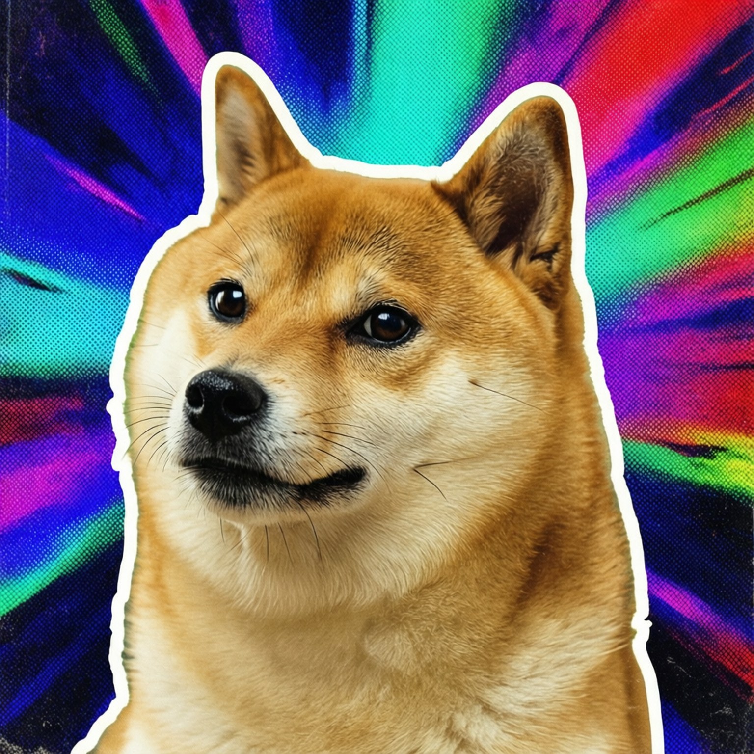 桌布 壁紙 — 一隻表情平靜的柴犬在充滿活力的彩虹色半色調紋理背景上脫穎而出。